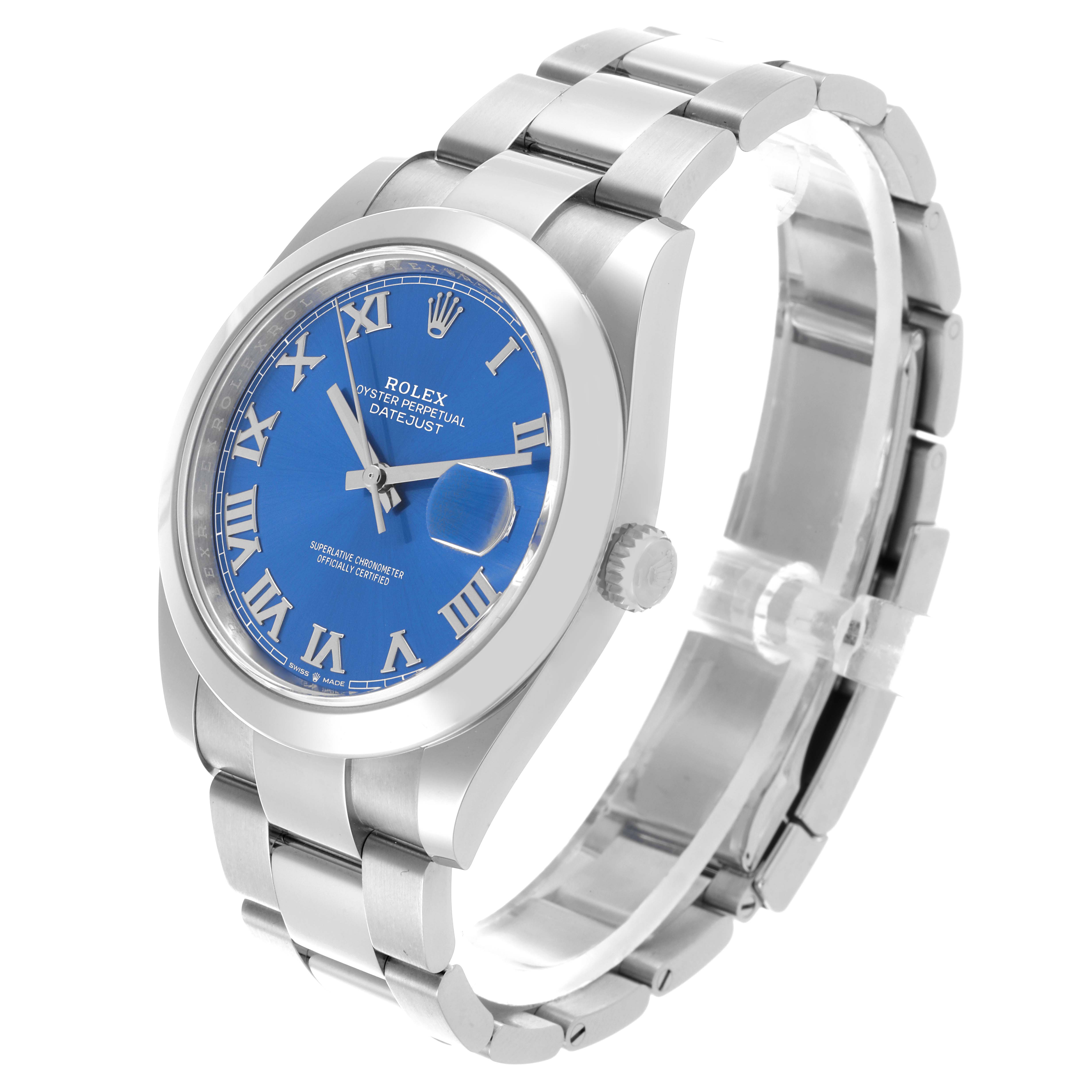 The Rolex Datejust 41 126300 Men's Stainless Steel Blue Dial 126300 Men's Stainless Steel Blue Dial is shown at an angled side view, showcasing the blue dial, case, and bracelet.
