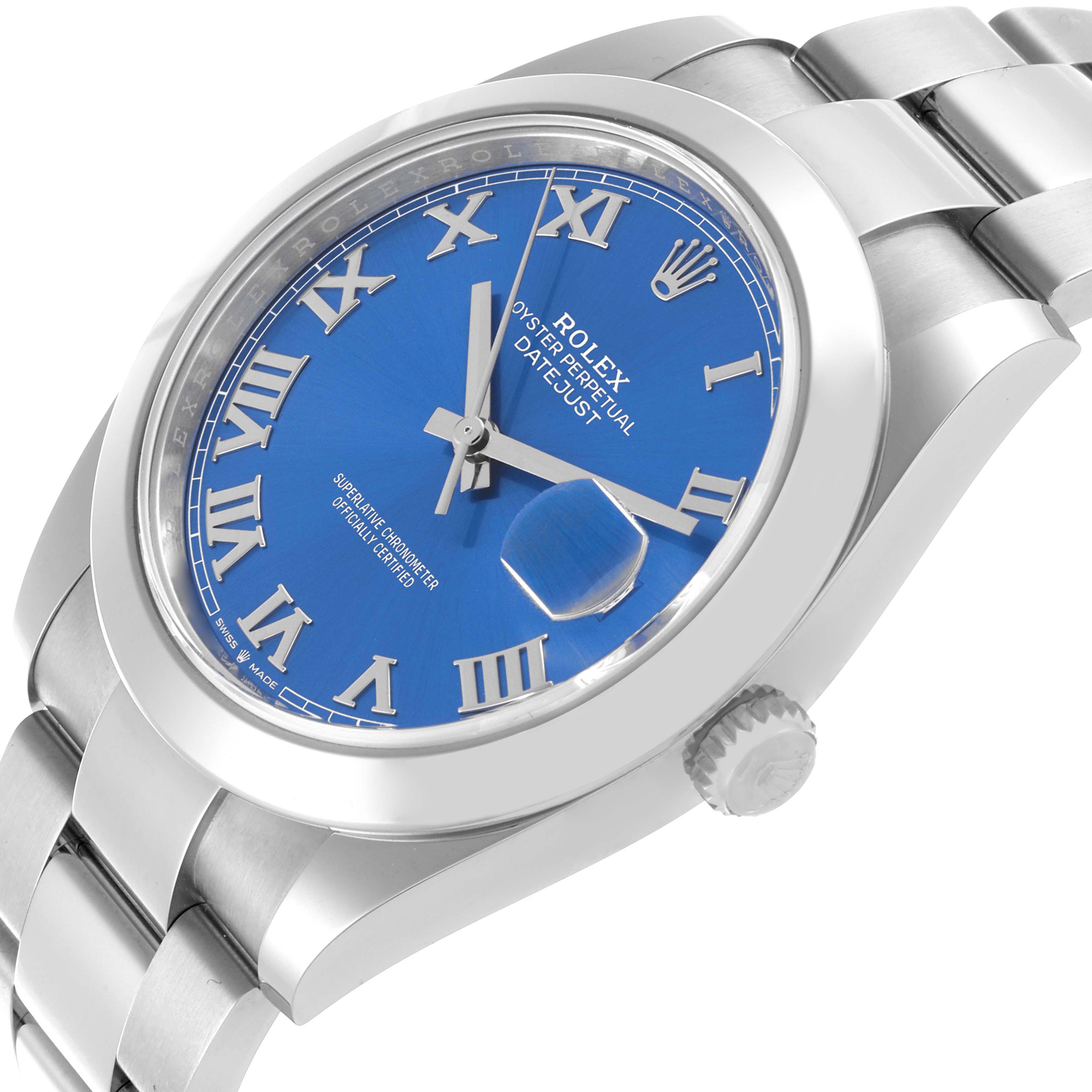 The Rolex Datejust 41 126300 Men's Stainless Steel Blue Dial 126300 Men's Stainless Steel Blue Dial is shown at an angled close-up, highlighting its blue dial, Roman numerals, and polished bracelet links.