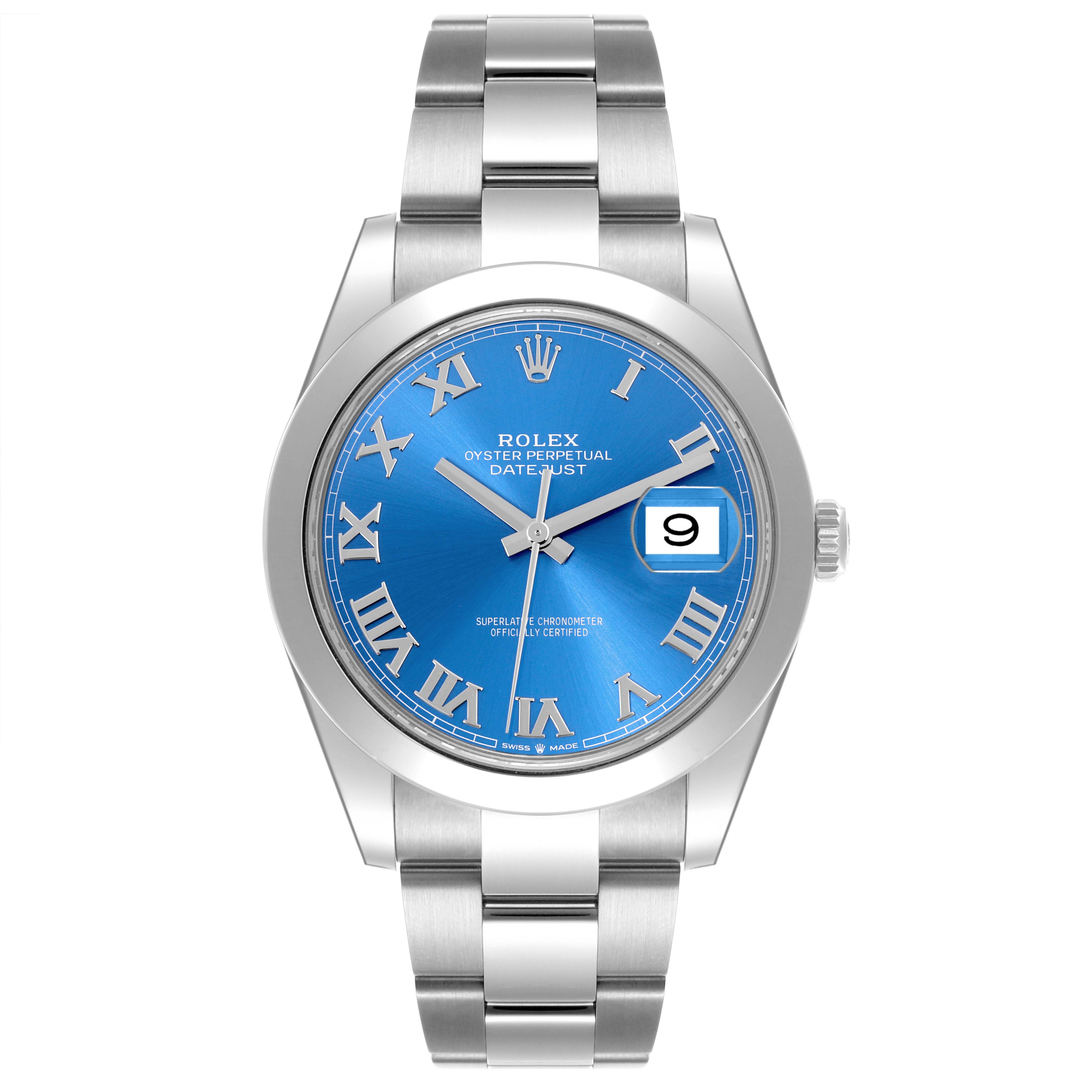 The Rolex Datejust 41 126300 Men's Stainless Steel Blue Dial 126300 Men's Stainless Steel Blue Dial is shown from a frontal angle, displaying the blue dial, Roman numerals, date window, and stainless steel bracelet.