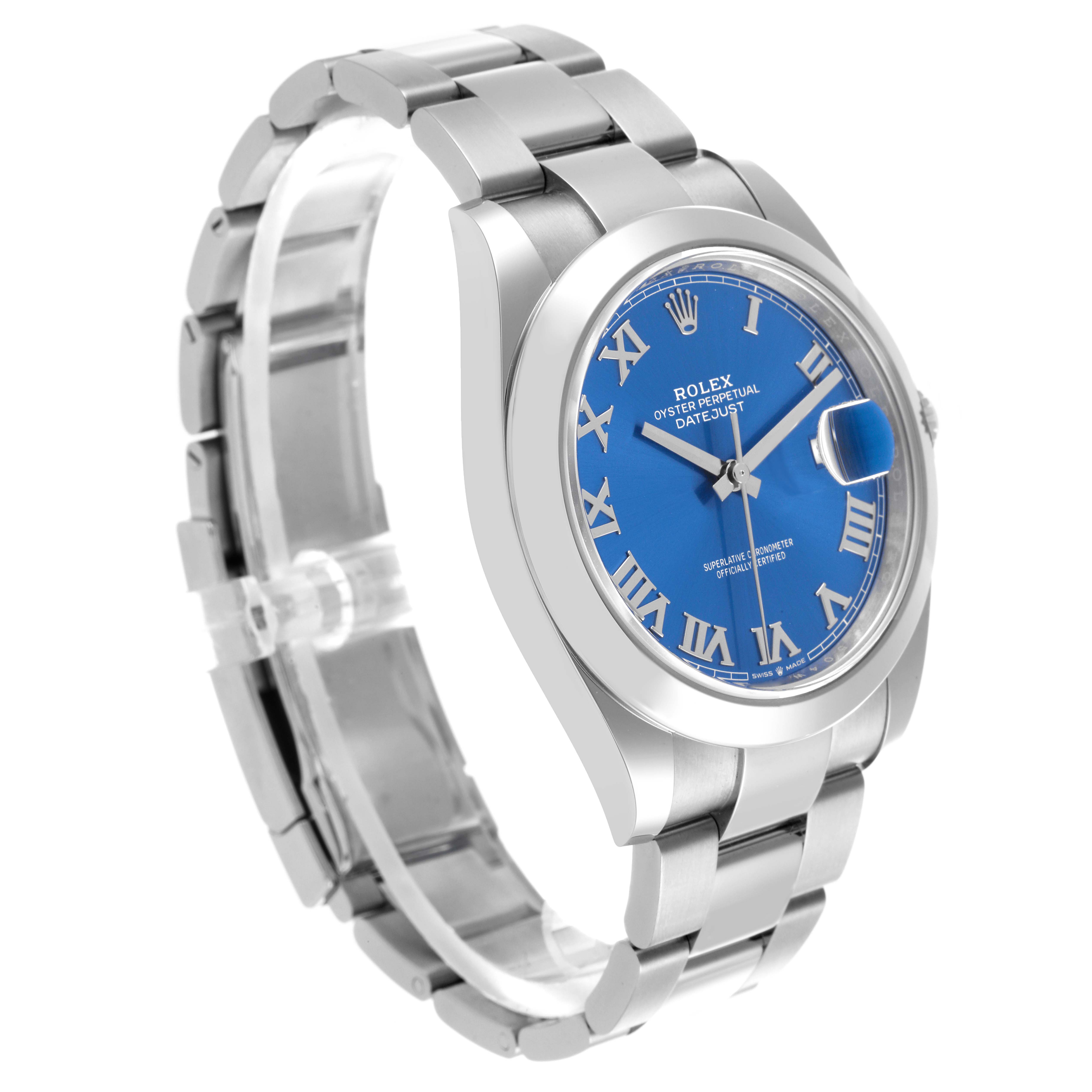 The Rolex Datejust 41 126300 Men's Stainless Steel Blue Dial 126300 Men's Stainless Steel Blue Dial watch is shown at an angle highlighting the face, bezel, and bracelet.