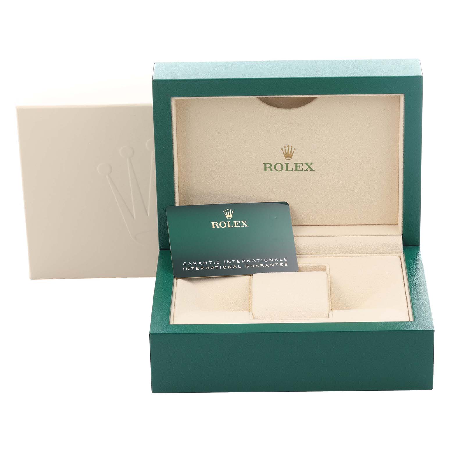 The image shows the open box and warranty card for a Rolex Datejust 41 126300 Men's Stainless Steel Blue Dial 126300 Men's Stainless Steel Blue Dial watch.