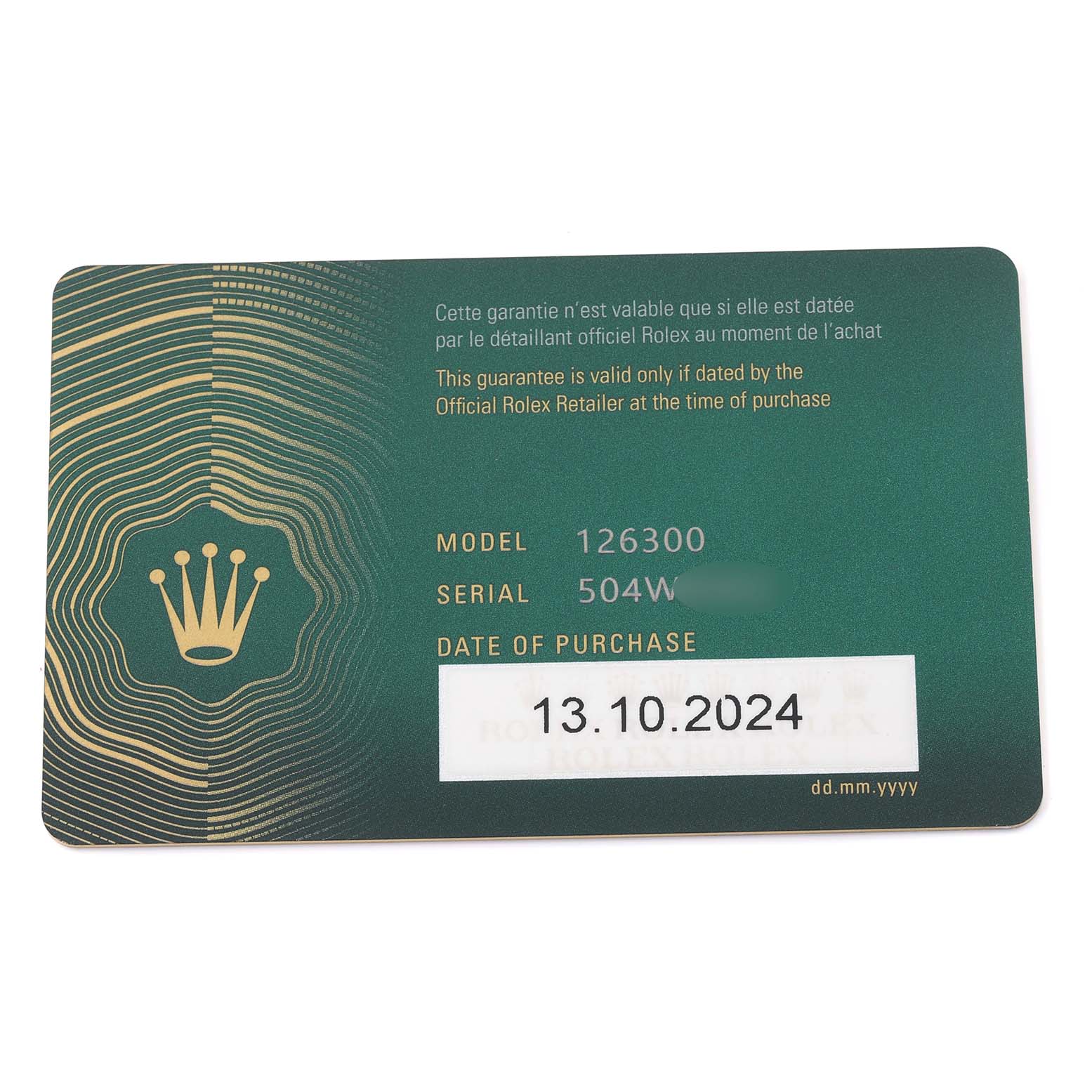 The image shows a warranty card for the Rolex Datejust 41 126300 Men's Stainless Steel Blue Dial 126300 Men's Stainless Steel Blue Dial model.