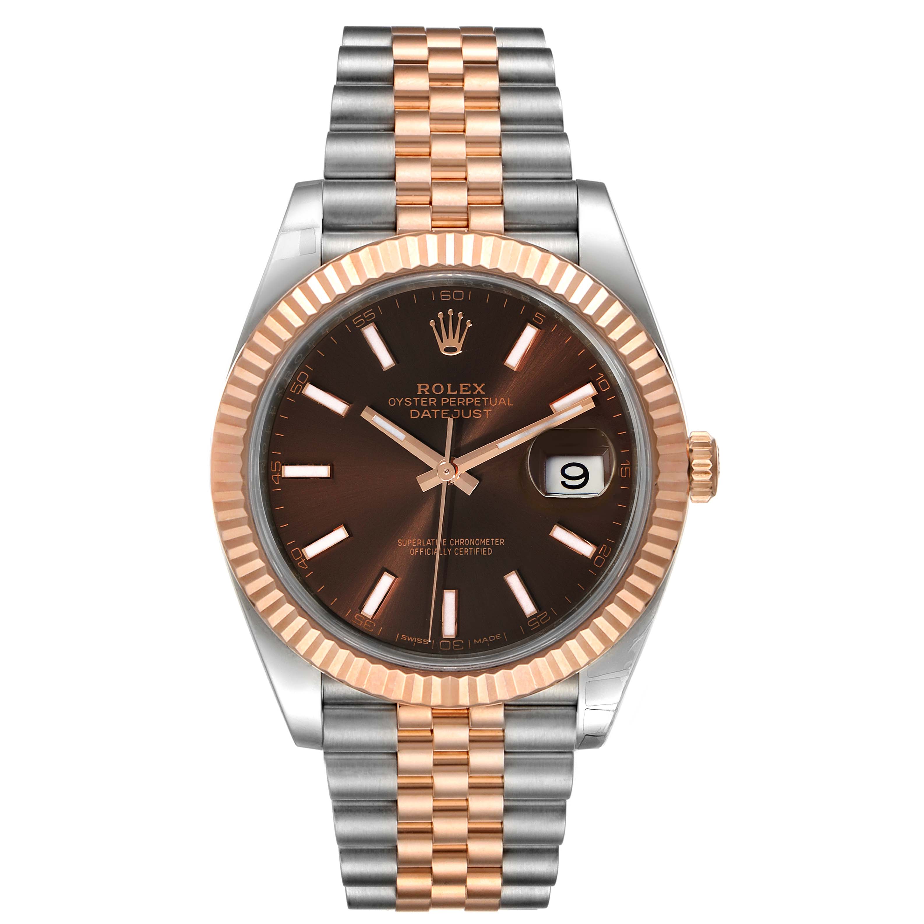 The Rolex Datejust 41 126331 Men's Steel and Gold (two tone) Brown Dial 126331 Men's Steel and Gold (two tone) Brown Dial watch is shown from a front angle, displaying its face, bezel, and jubilee bracelet.