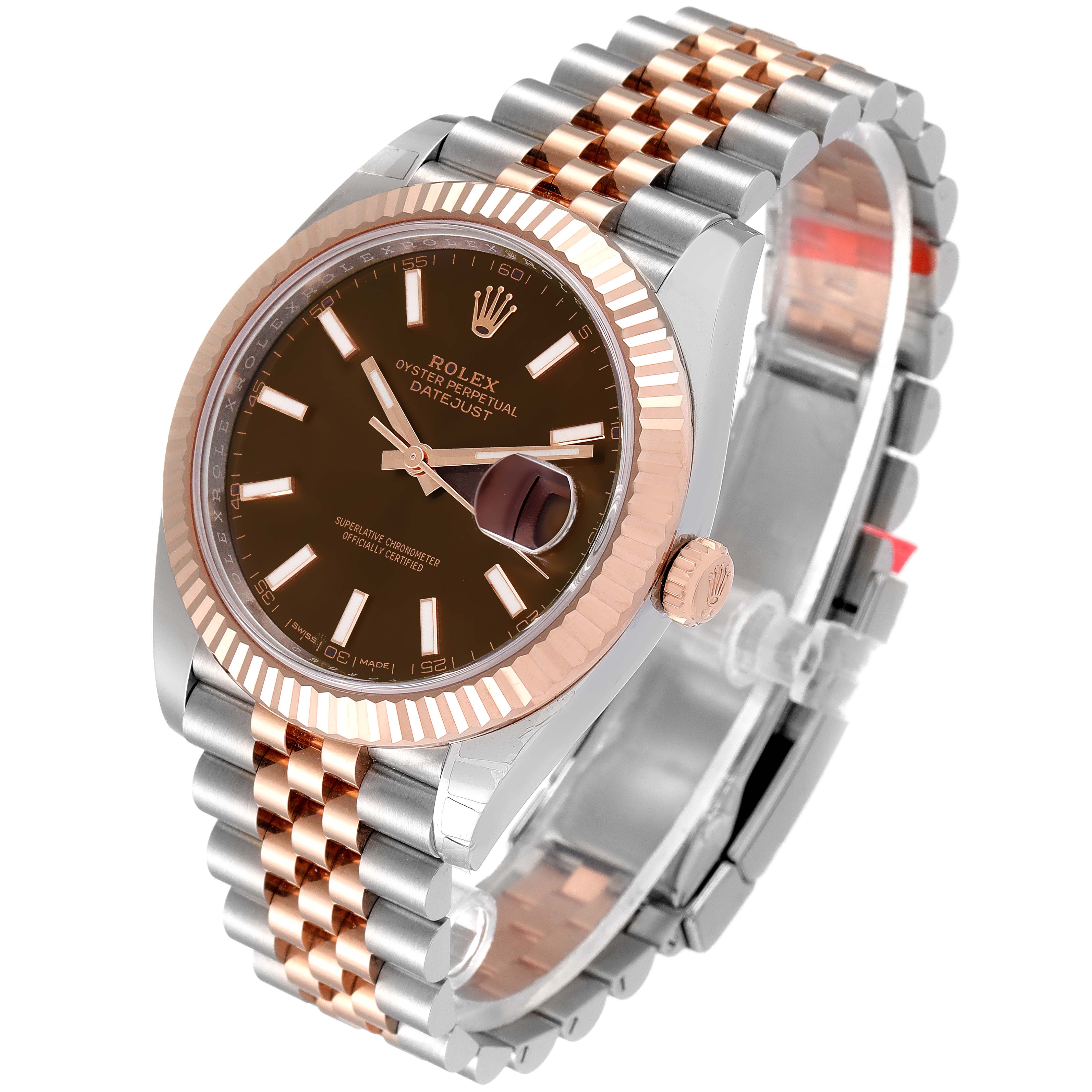 The Rolex Datejust 41 126331 Men's Steel and Gold (two tone) Brown Dial 126331 Men's Steel and Gold (two tone) Brown Dial watch is shown from a three-quarter angle, highlighting its dial, bezel, and two-tone bracelet.