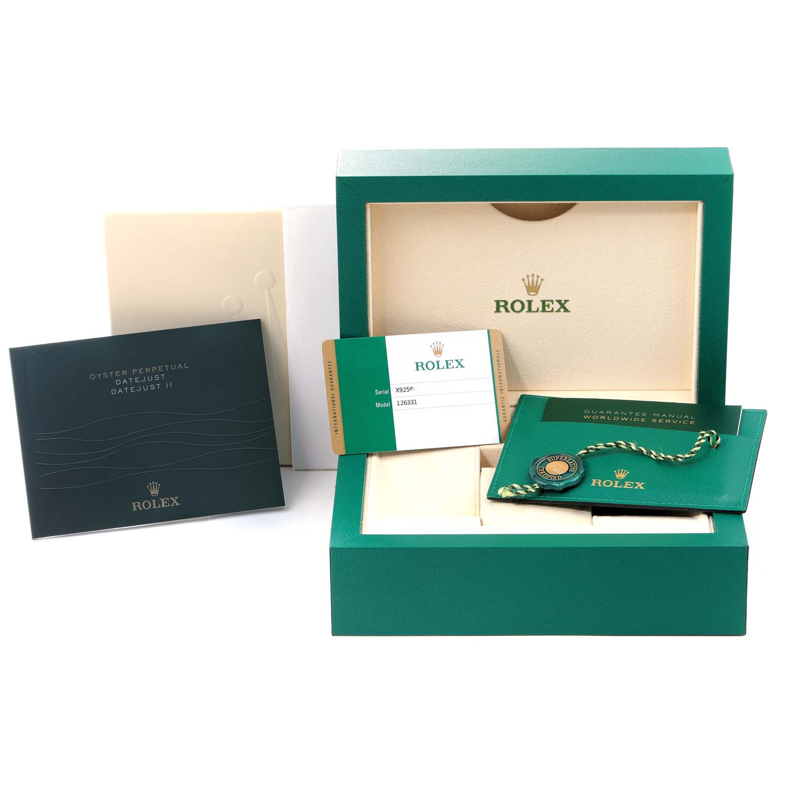 The image shows a Rolex Datejust 41 126331 Men's Steel and Gold (two tone) Brown Dial 126331 Men's Steel and Gold (two tone) Brown Dial package including the box, guarantee manual, cardholder, and booklet.