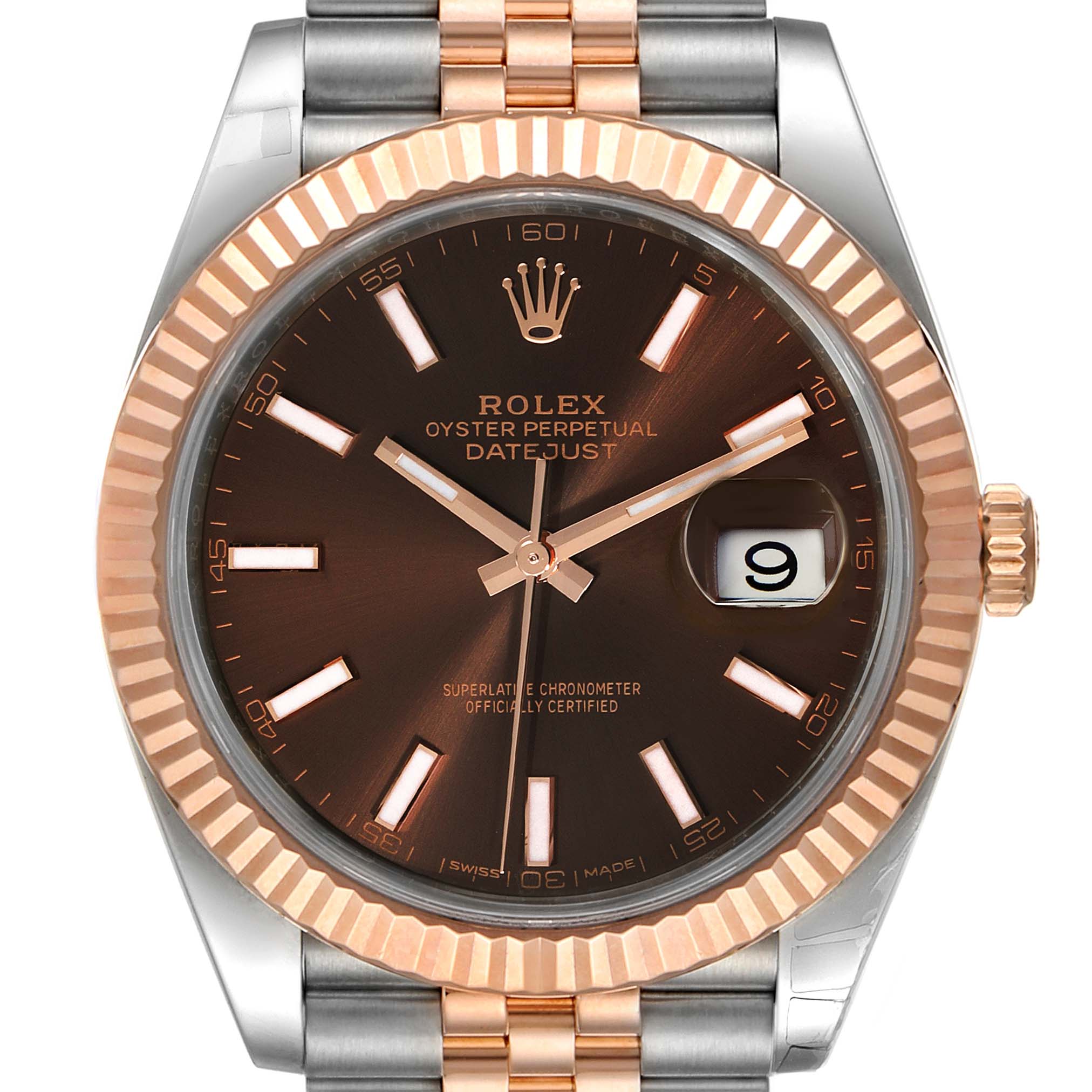 This image shows a front view of a Rolex Datejust 41 126331 Men's Steel and Gold (two tone) Brown Dial 126331 Men's Steel and Gold (two tone) Brown Dial watch, highlighting the bezel, dial, hands, date display, and bracelet.