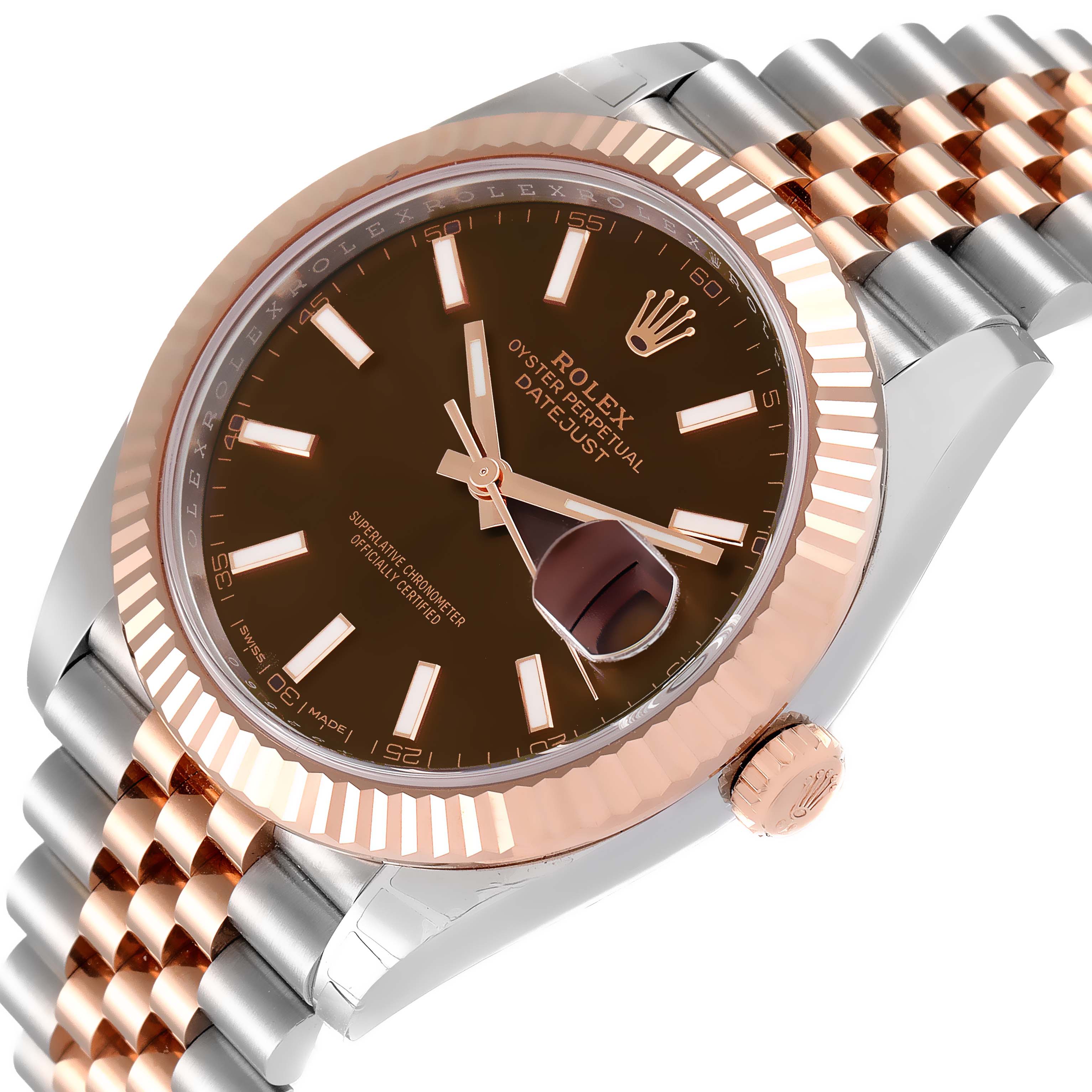 The image shows a Rolex Datejust 41 126331 Men's Steel and Gold (two tone) Brown Dial 126331 Men's Steel and Gold (two tone) Brown Dial watch at an angled view displaying the dial, bezel, crown, and part of the bracelet.