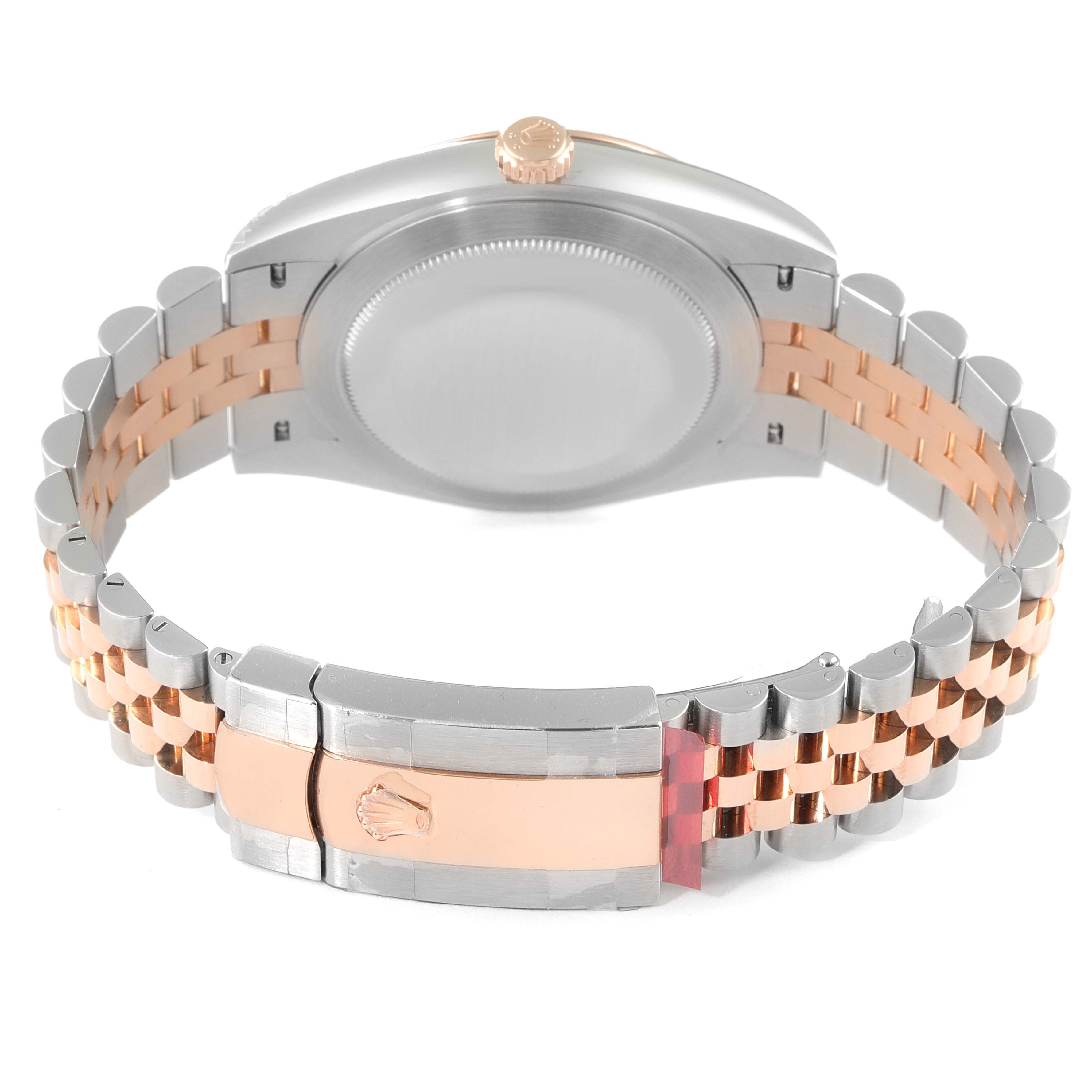 The image shows the back view of a Rolex Datejust 41 126331 Men's Steel and Gold (two tone) Brown Dial 126331 Men's Steel and Gold (two tone) Brown Dial watch, revealing its two-tone bracelet and clasp.