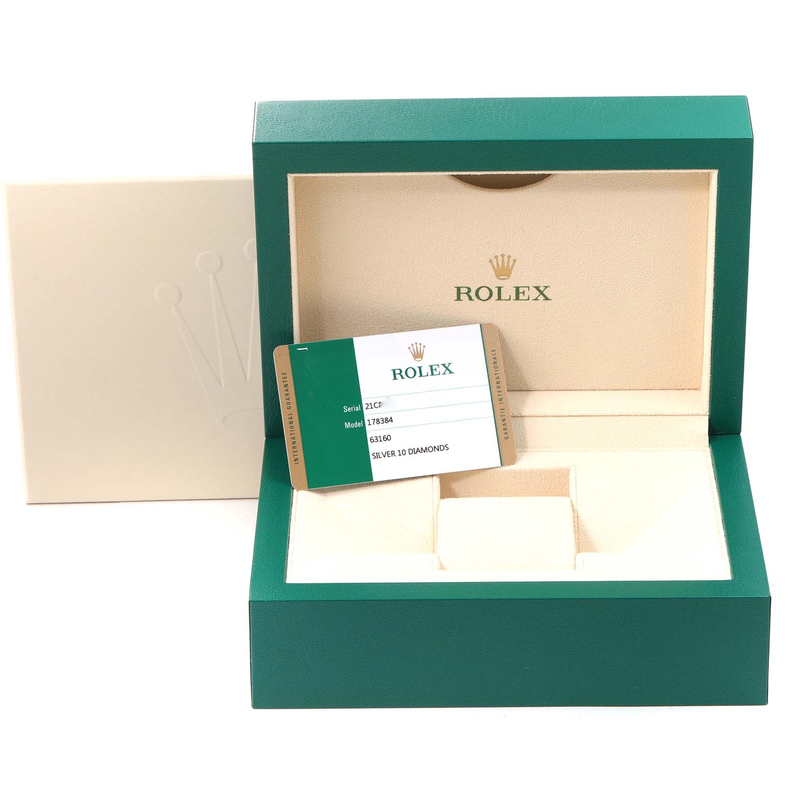The image shows the open box and certification card for a Rolex Mid-Size 178384 Women's Stainless Steel Silver Dial 178384 Women's Stainless Steel Silver Dial model watch.