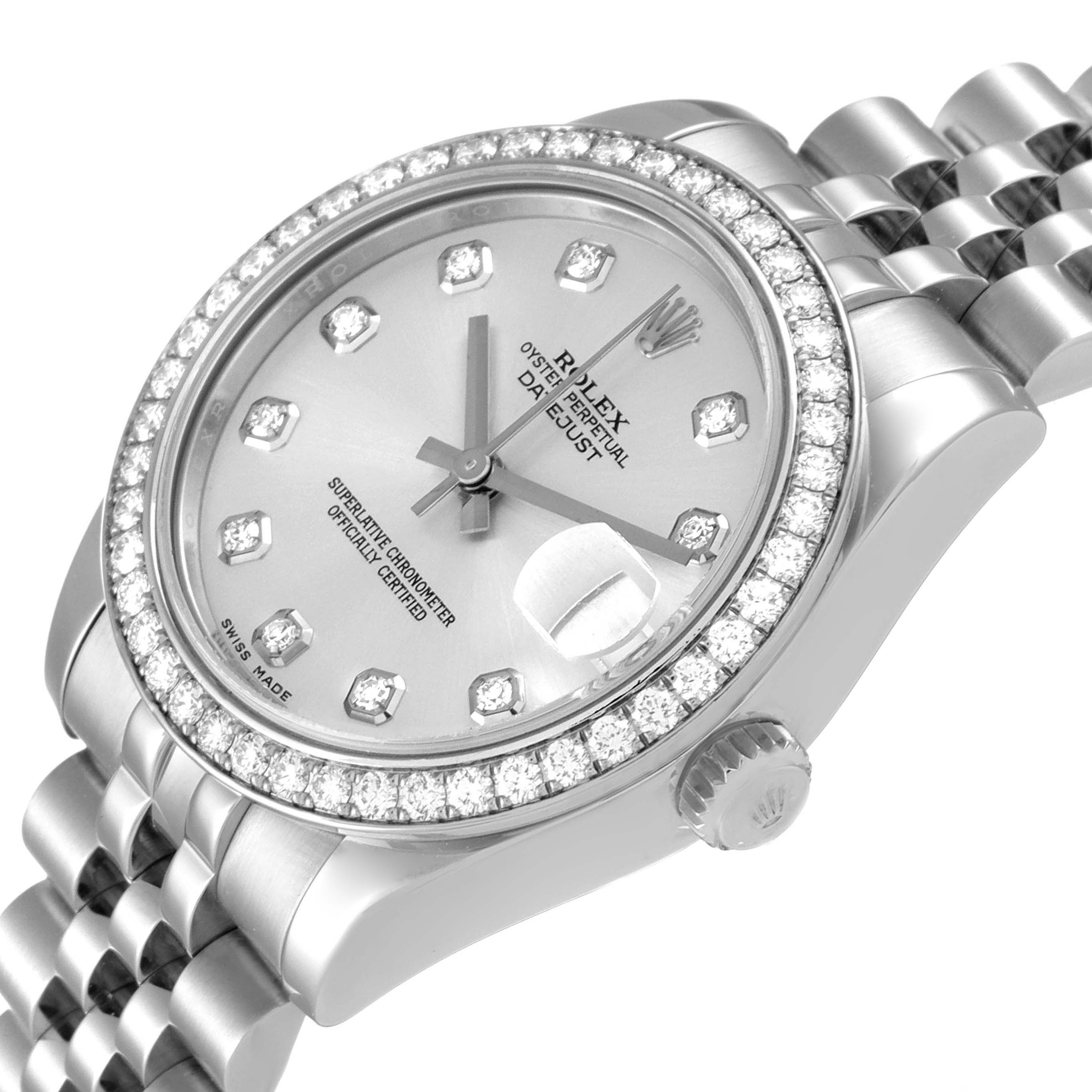 The image shows a close-up angle of a Rolex Mid-Size 178384 Women's Stainless Steel Silver Dial 178384 Women's Stainless Steel Silver Dial Datejust watch, detailing its face, bezel, and part of the bracelet.