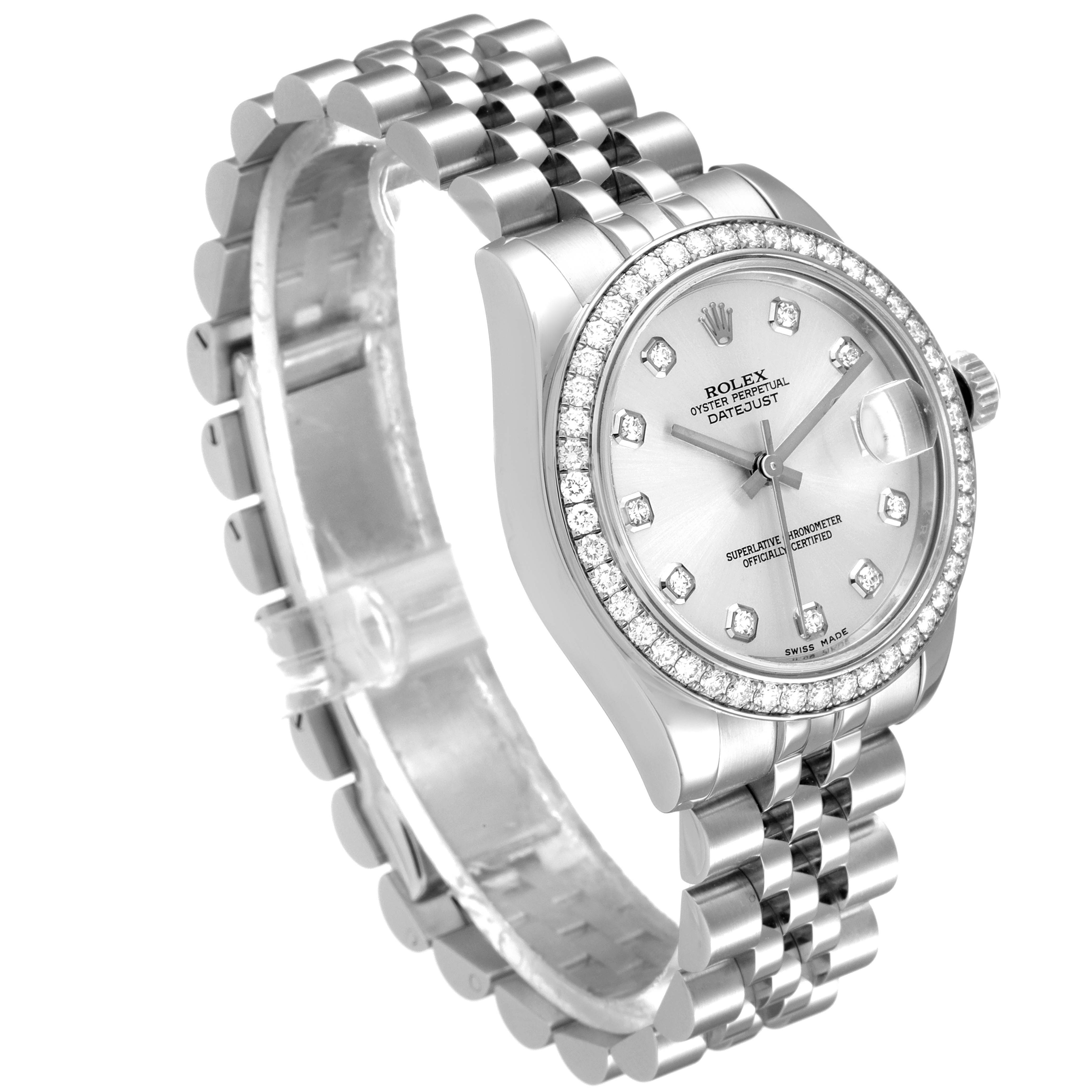 The image shows the front and side angle of a Rolex Mid-Size 178384 Women's Stainless Steel Silver Dial 178384 Women's Stainless Steel Silver Dial Datejust, highlighting its bracelet and diamond-embellished bezel.