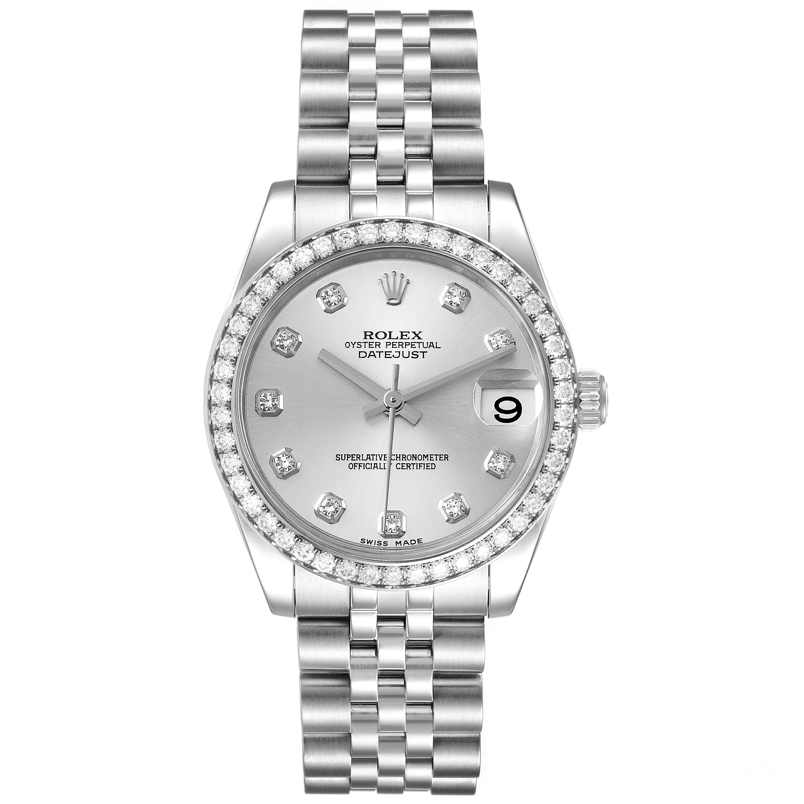 This image shows a front view of a Rolex Datejust Mid-Size watch with a silver dial and a diamond-studded bezel.