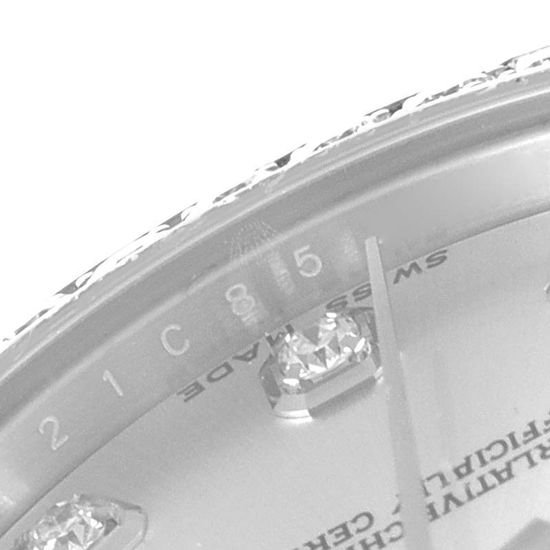 The image shows a close-up angle of the dial and part of the bezel of a Rolex Mid-Size 178384 Women's Stainless Steel Silver Dial 178384 Women's Stainless Steel Silver Dial model, highlighting the diamonds and "Swiss Made" text.