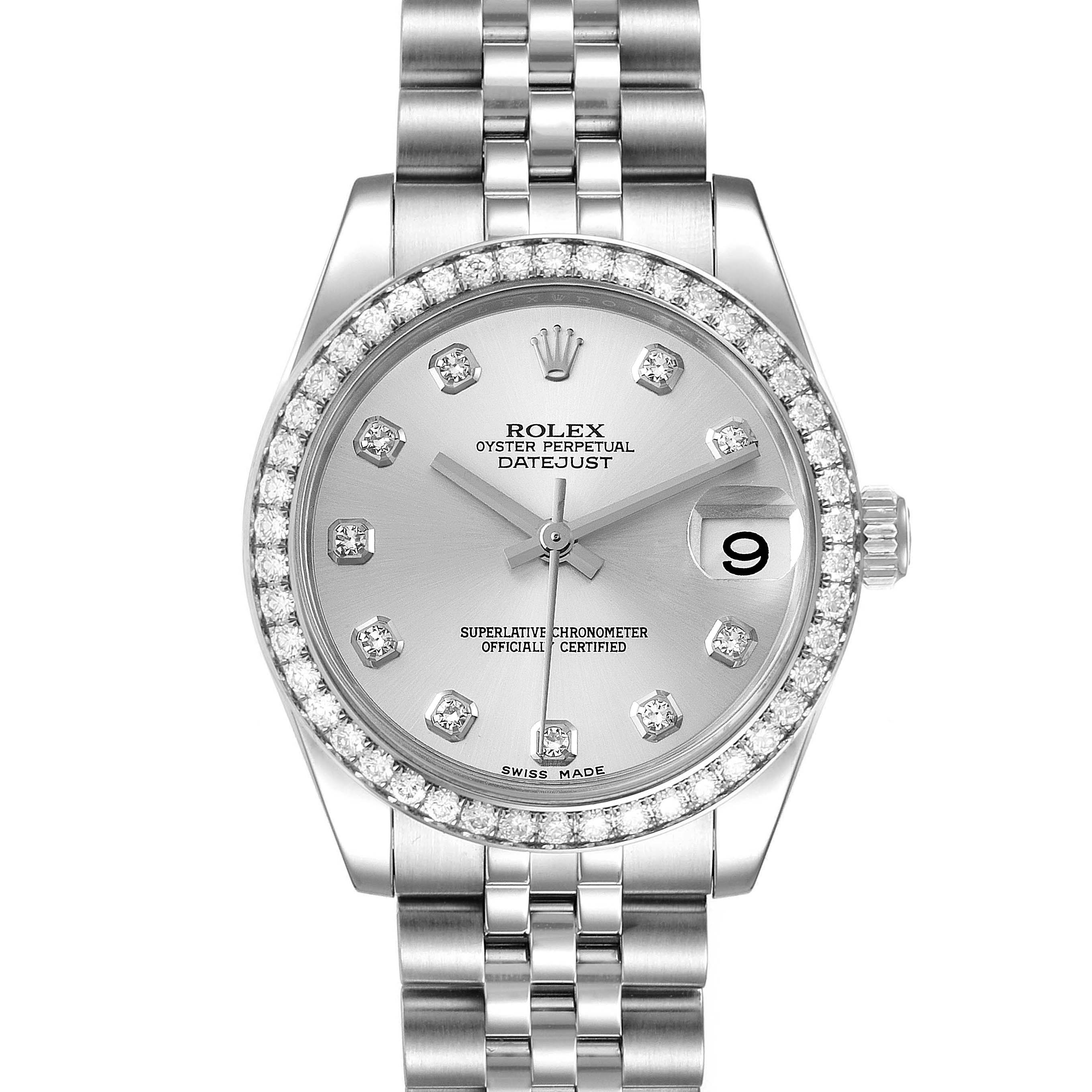 The image shows a frontal view of a Rolex Mid-Size 178384 Women's Stainless Steel Silver Dial 178384 Women's Stainless Steel Silver Dial Datejust watch, highlighting its bezel, dial, and bracelet.