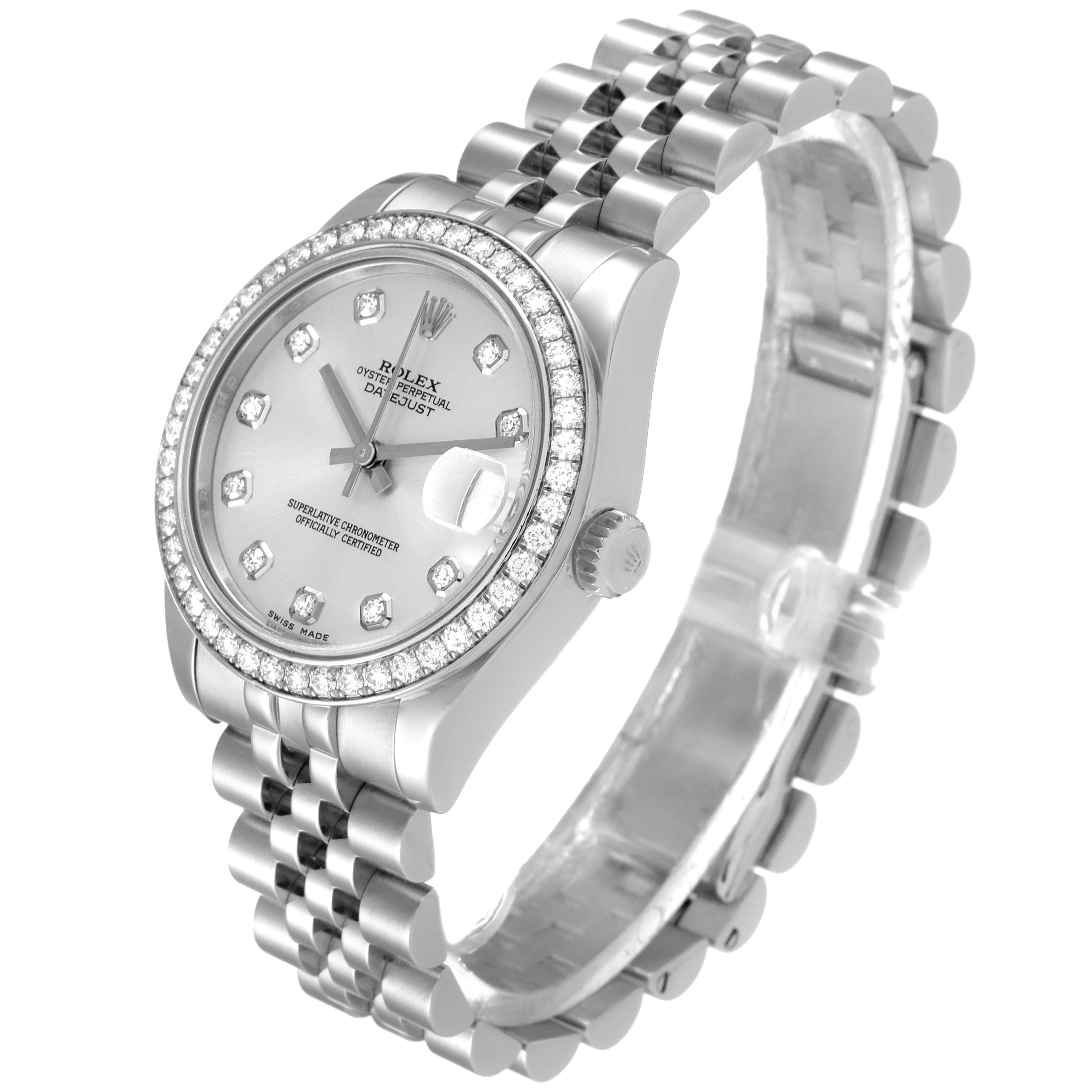 The image shows a Rolex Mid-Size 178384 Women's Stainless Steel Silver Dial 178384 Women's Stainless Steel Silver Dial model watch at a three-quarter angle, highlighting the face, bezel, crown, and bracelet.