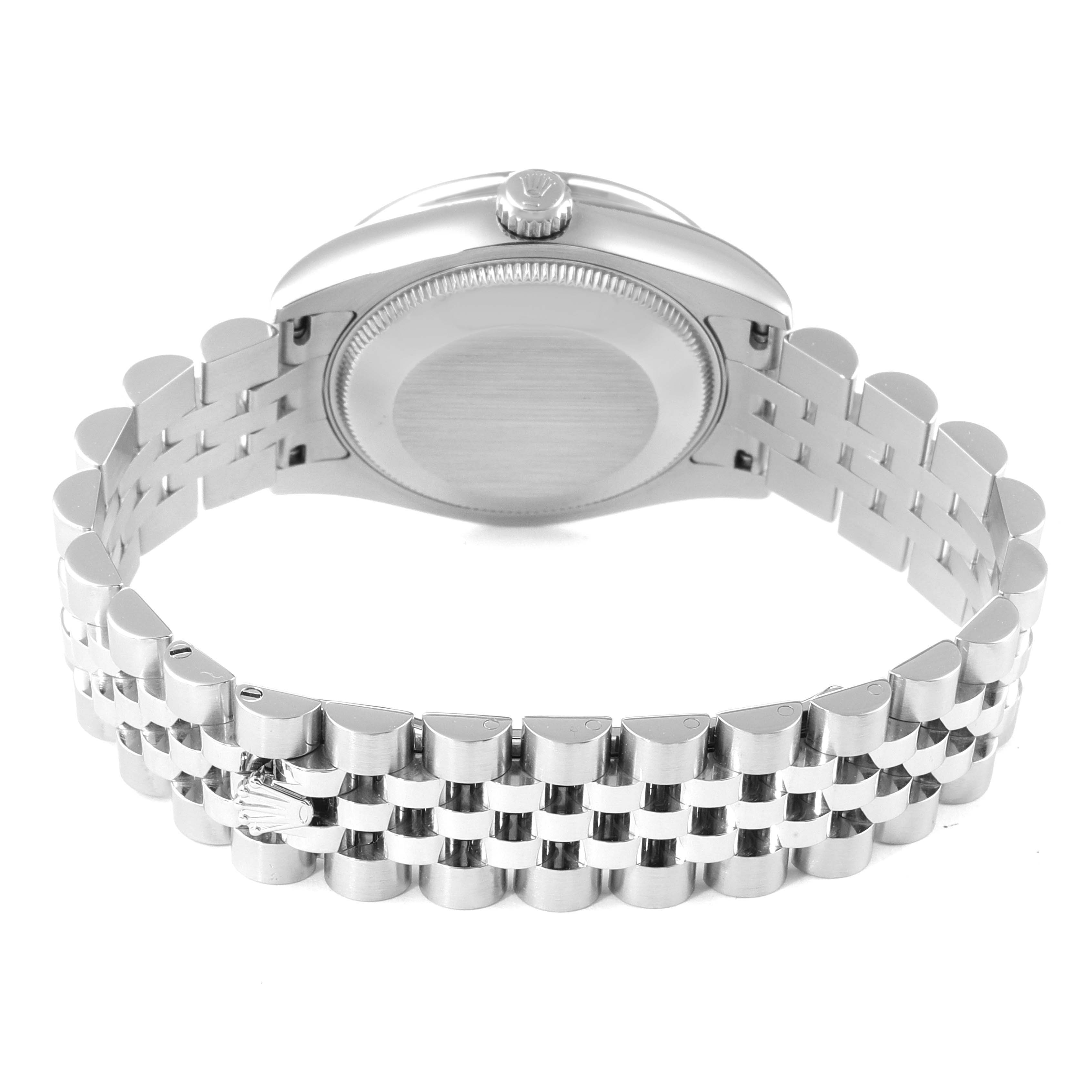 The image shows the back view of a Rolex Mid-Size 178384 Women's Stainless Steel Silver Dial 178384 Women's Stainless Steel Silver Dial watch, highlighting its bracelet and case back.