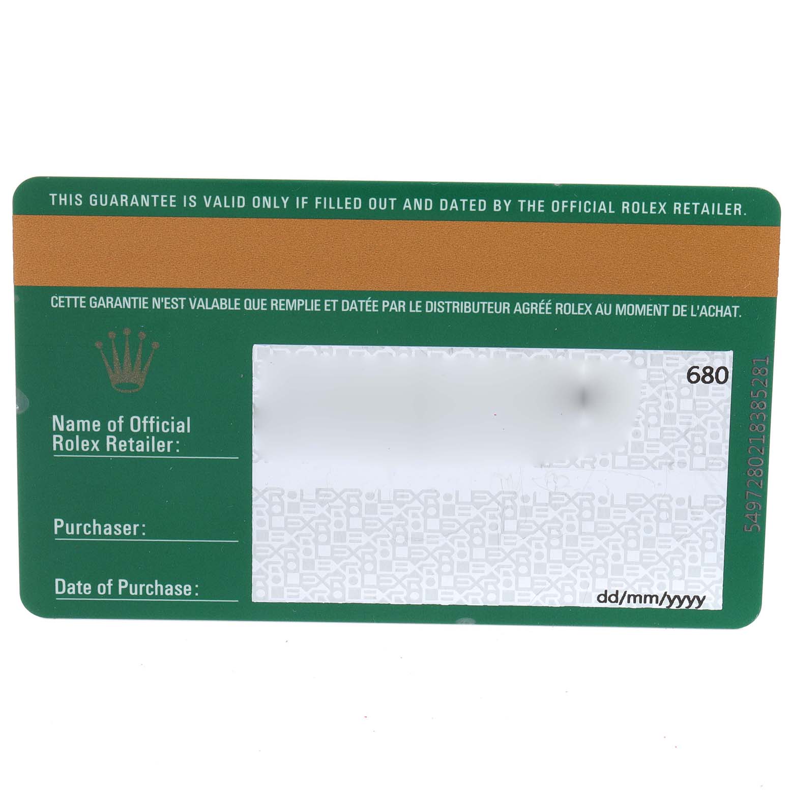 This is a guarantee card for a Mid-Size Rolex watch, shown from the front with fields for retailer, purchaser, and date of purchase.