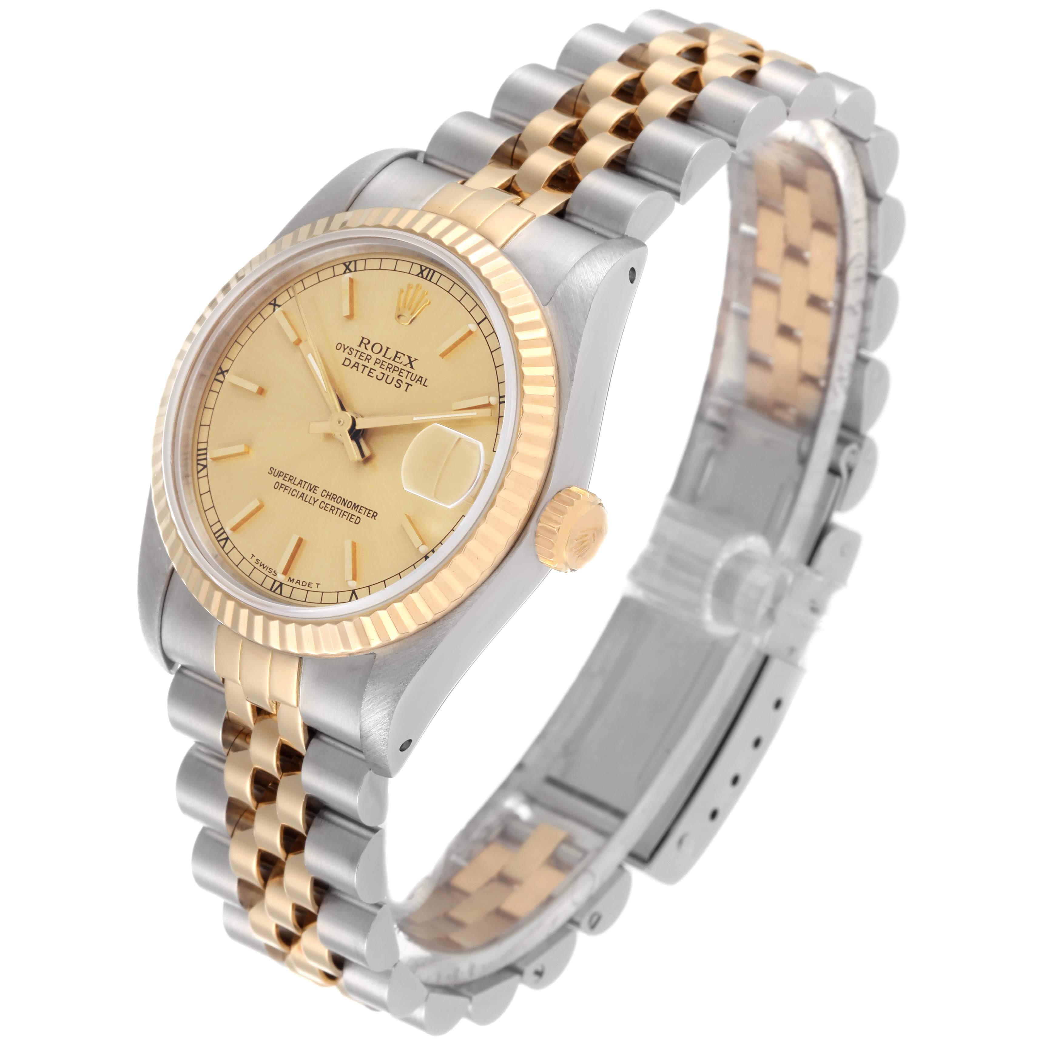 The image shows a three-quarter angle of a Rolex Mid-Size 68273 Women's Steel and Gold (two tone) Champagne Dial 68273 Women's Steel and Gold (two tone) Champagne Dial Datejust watch, highlighting the face, bezel, crown, and two-tone bracelet.