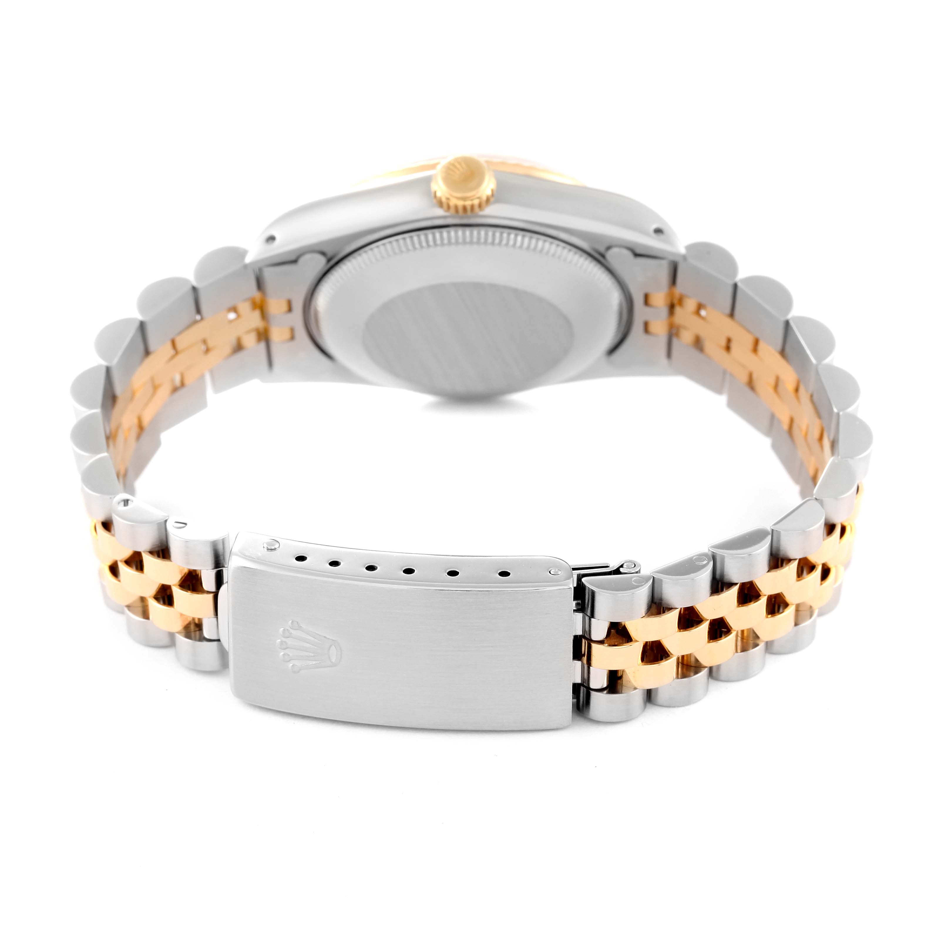 This image shows the back view of a Rolex Mid-Size 68273 Women's Steel and Gold (two tone) Champagne Dial 68273 Women's Steel and Gold (two tone) Champagne Dial model, highlighting the clasp, bracelet, and case back.