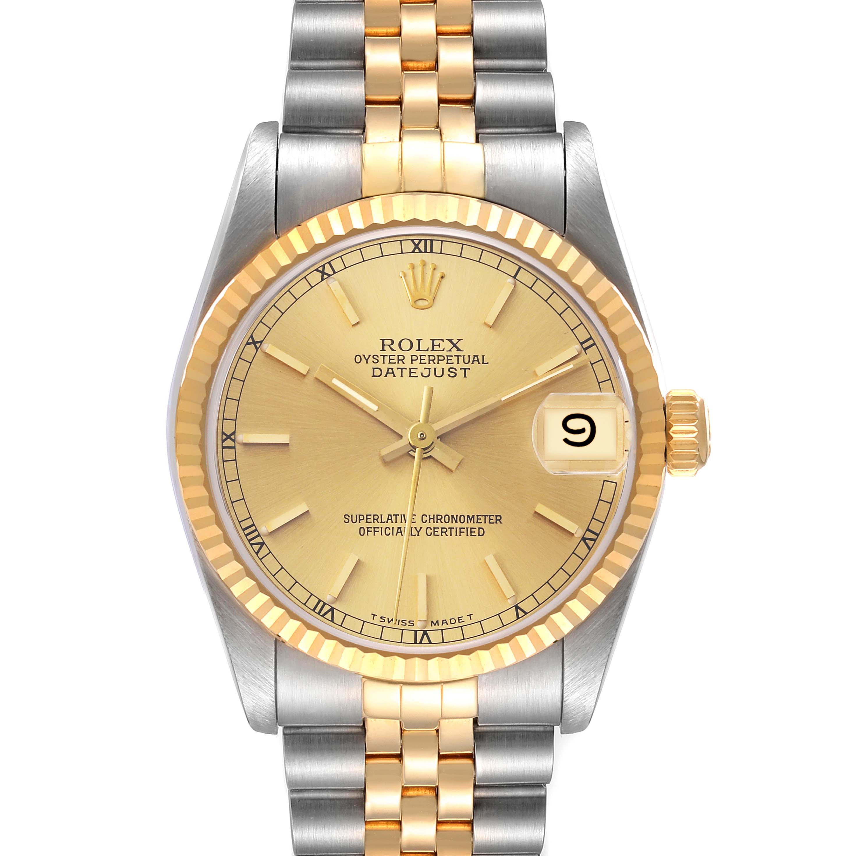 The image shows a frontal view of the Rolex Mid-Size 68273 Women's Steel and Gold (two tone) Champagne Dial 68273 Women's Steel and Gold (two tone) Champagne Dial Datejust watch displaying the dial, bezel, and bracelet.
