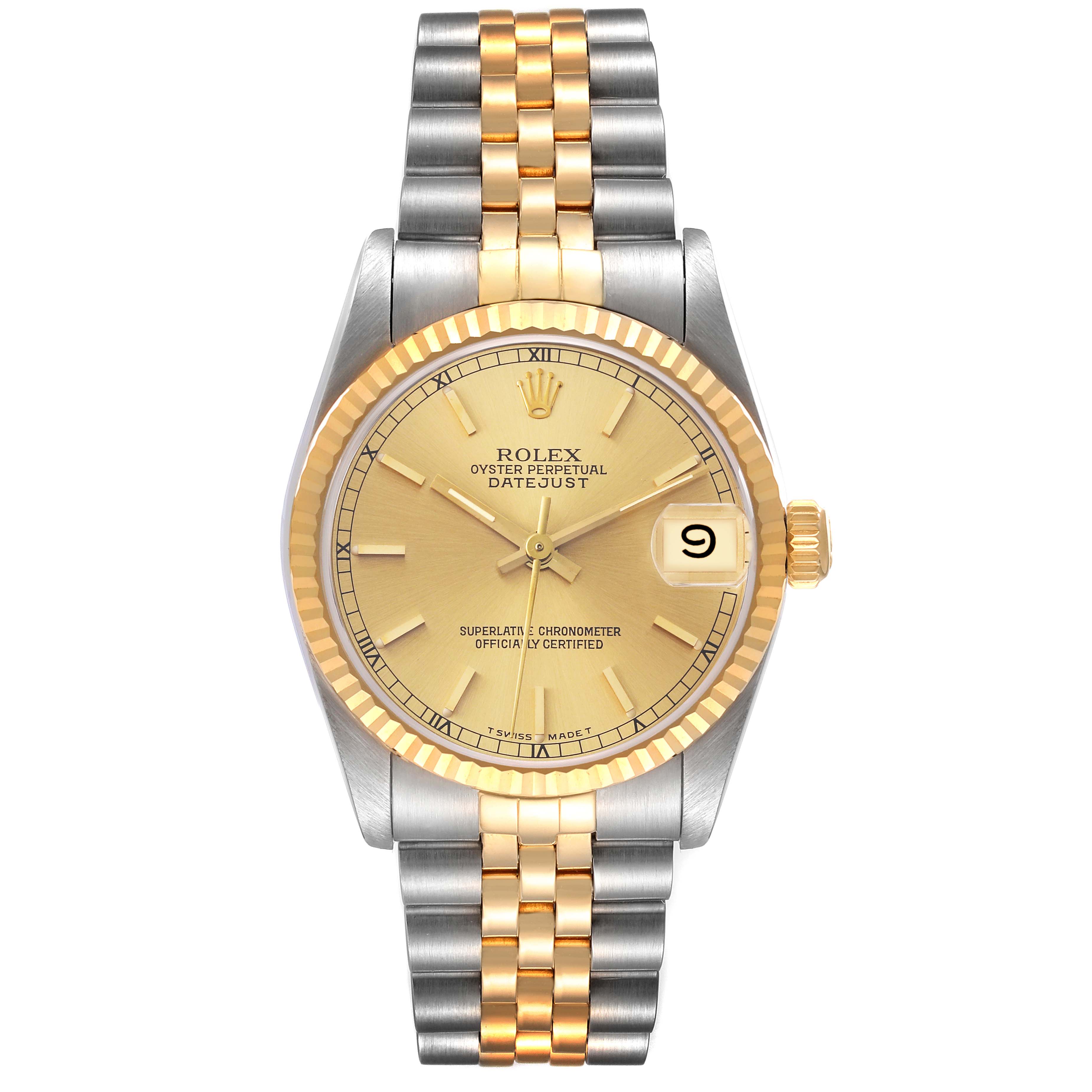 The image shows a Rolex Datejust Mid-Size watch from a front angle, displaying the dial, bezel, and bracelet.