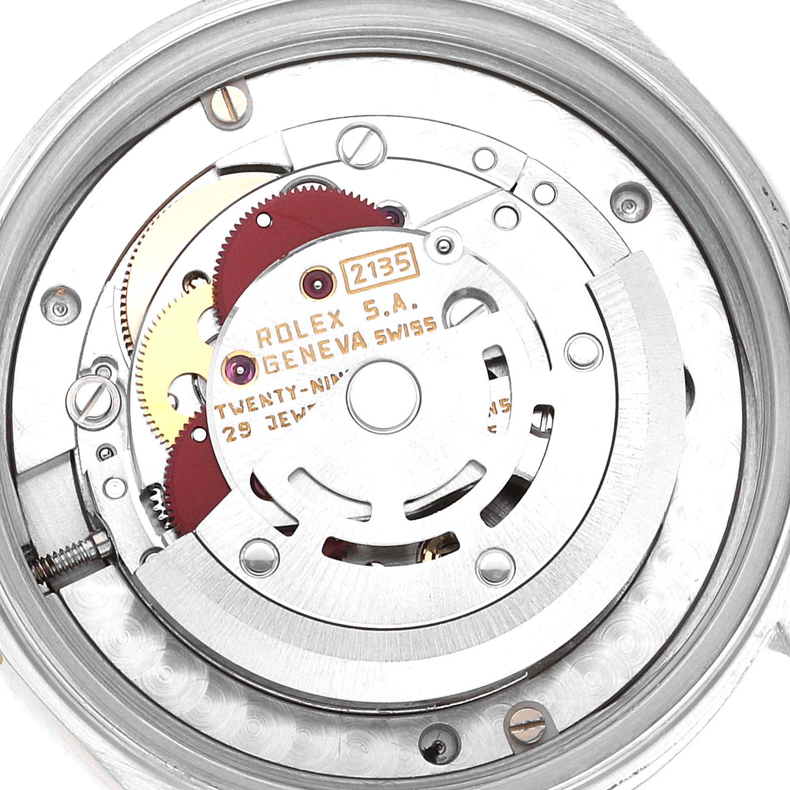 This image shows the internal mechanism of a Rolex Mid-Size 68273 Women's Steel and Gold (two tone) Champagne Dial 68273 Women's Steel and Gold (two tone) Champagne Dial model, specifically highlighting the movement and gears.