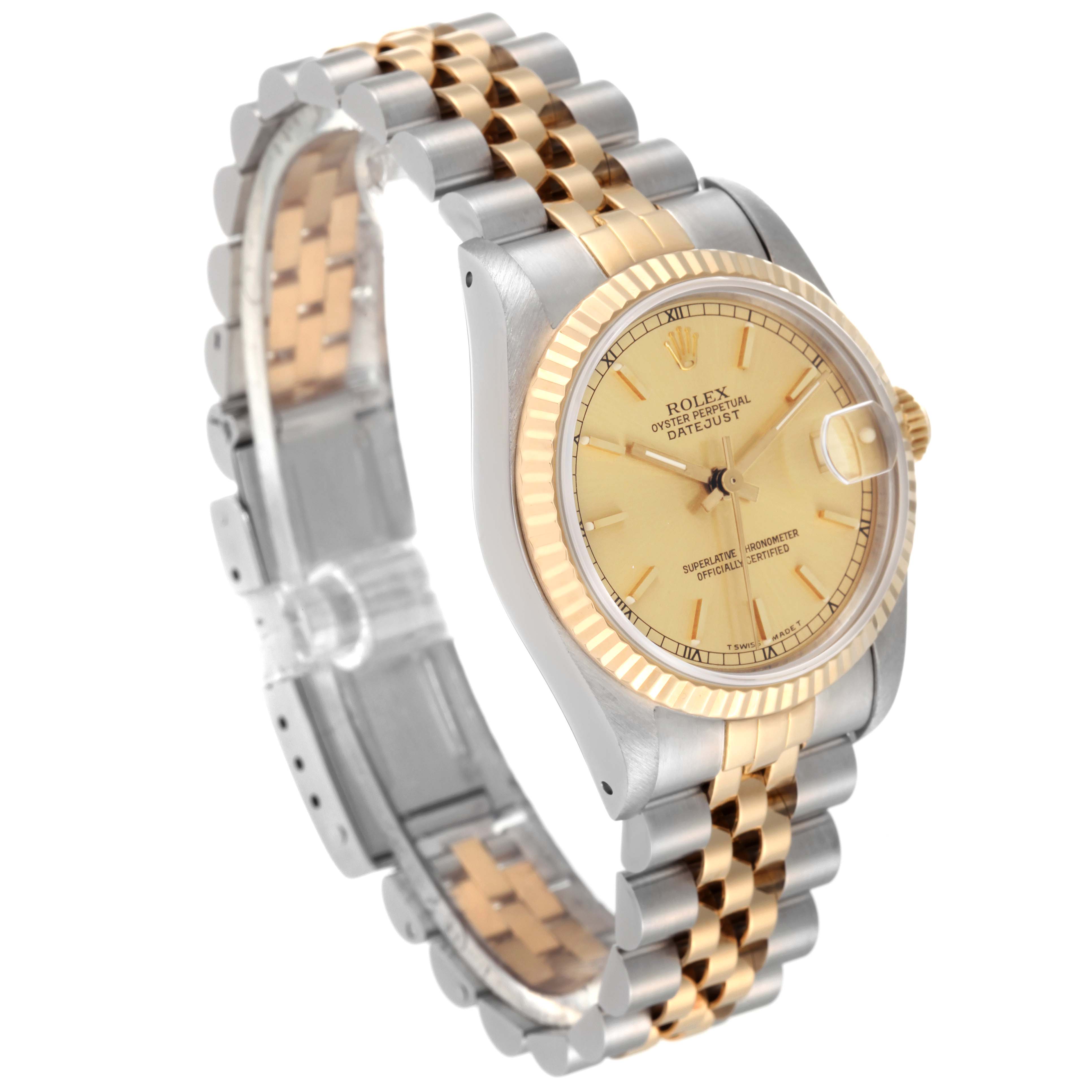 The image shows a Mid-Size Rolex Oyster Perpetual Datejust watch at a three-quarter angle, highlighting the face and Jubilee bracelet.