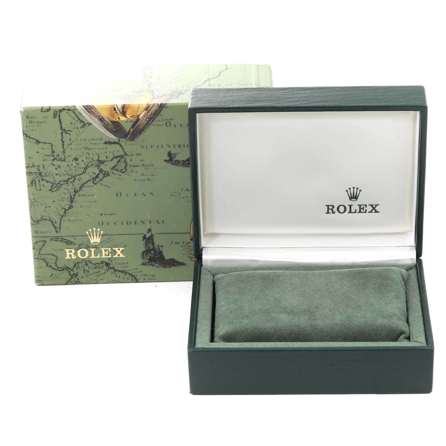 The image shows an open Rolex watch box and packaging for a Mid-Size model, viewed from the front.