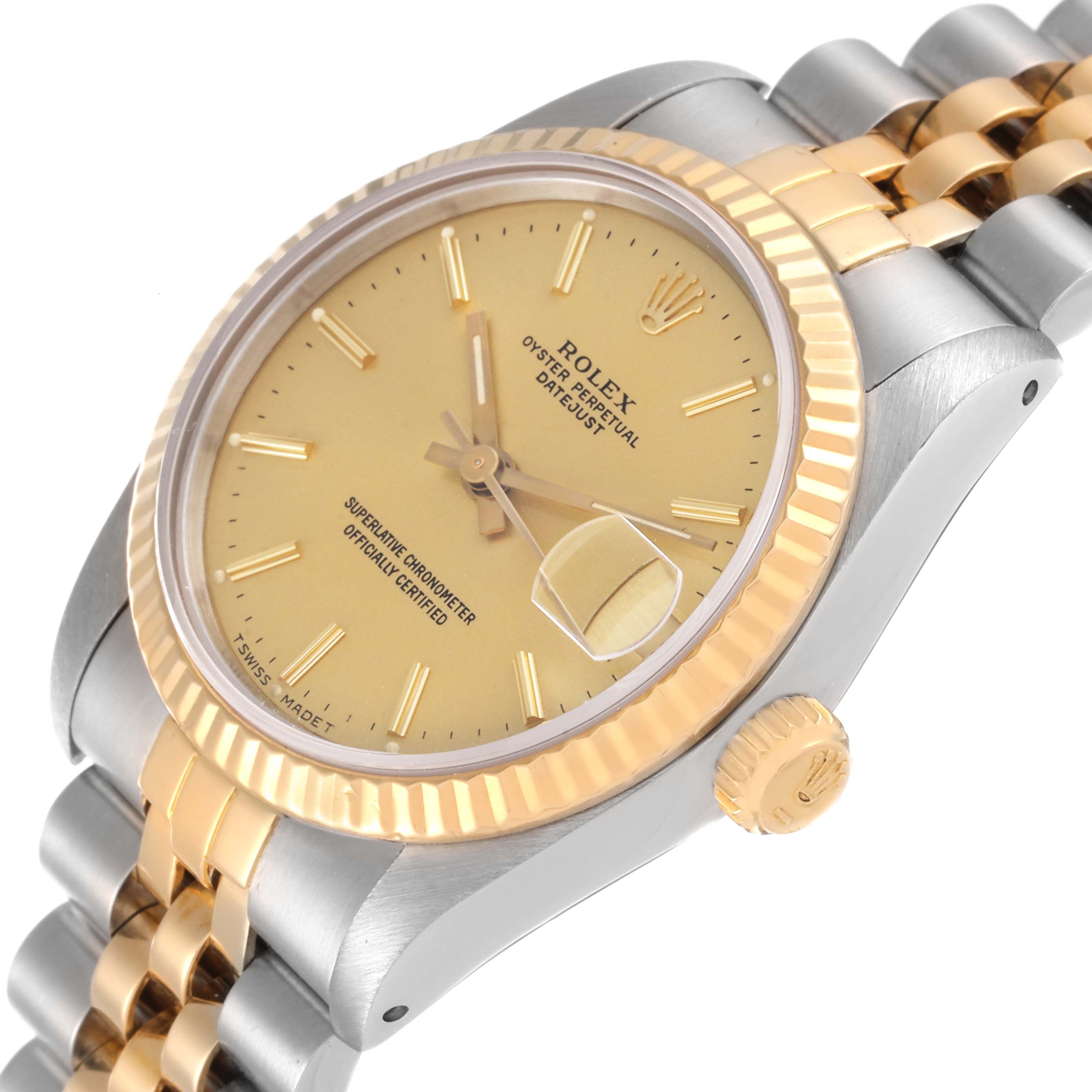The image shows a close-up, angled view of a Rolex Oyster Perpetual Datejust Mid-Size watch, highlighting the dial, crown, and bracelet.