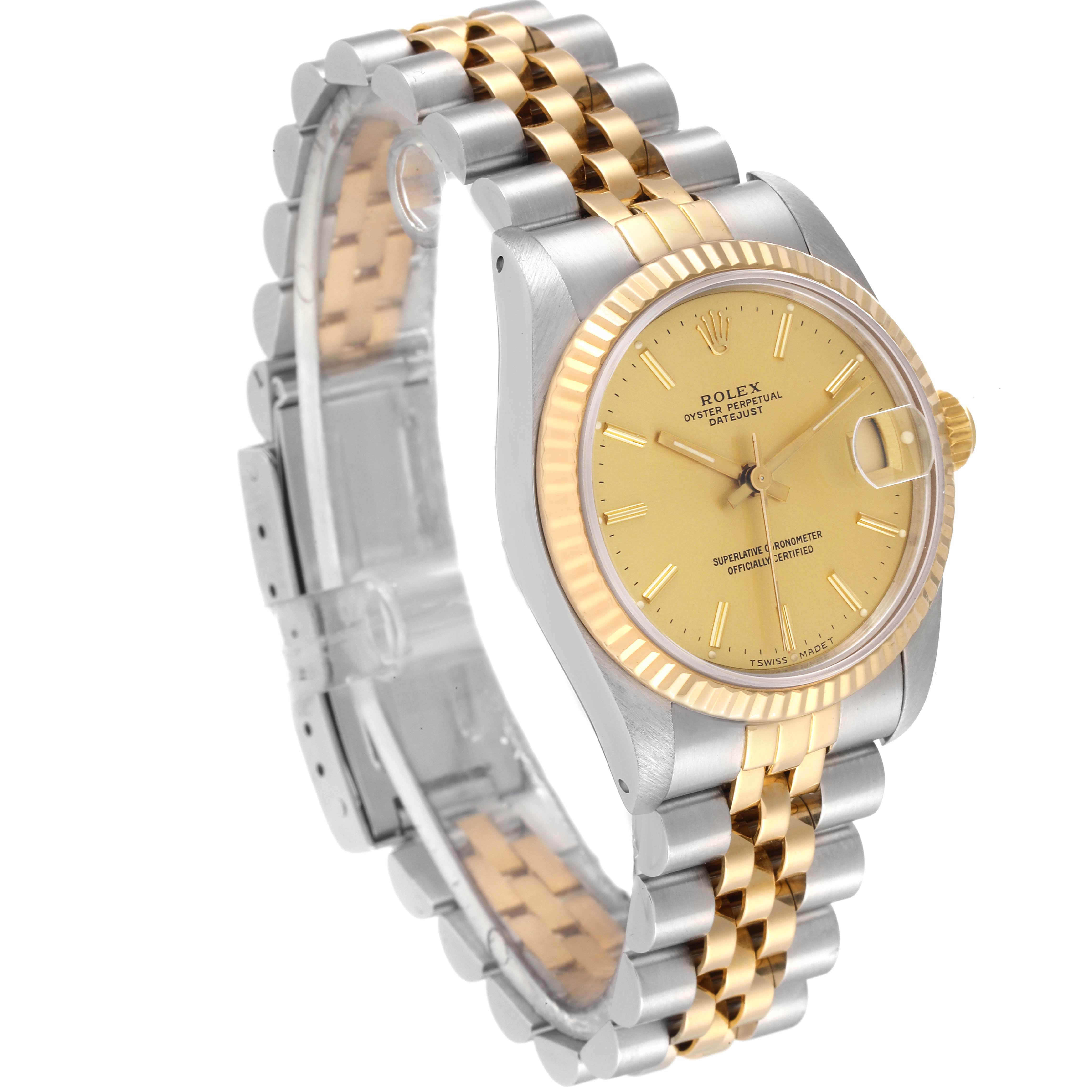 The image shows a Rolex Mid-Size 68273 Women's Steel and Gold (two tone) Champagne Dial 68273 Women's Steel and Gold (two tone) Champagne Dial watch, angled to display its face, bezel, and bracelet.
