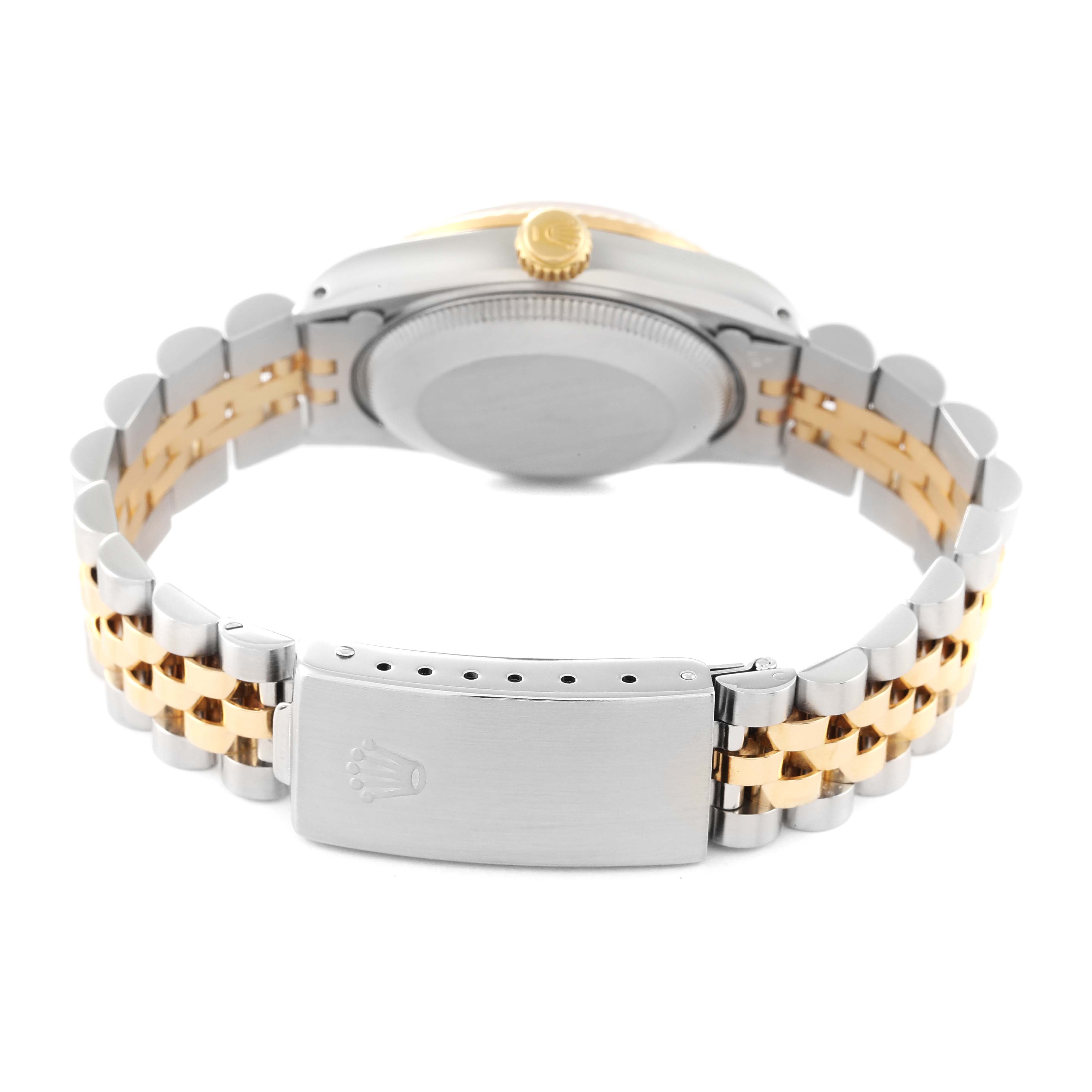 This is a rear view showing the clasp and bracelet of a mid-size Rolex watch.