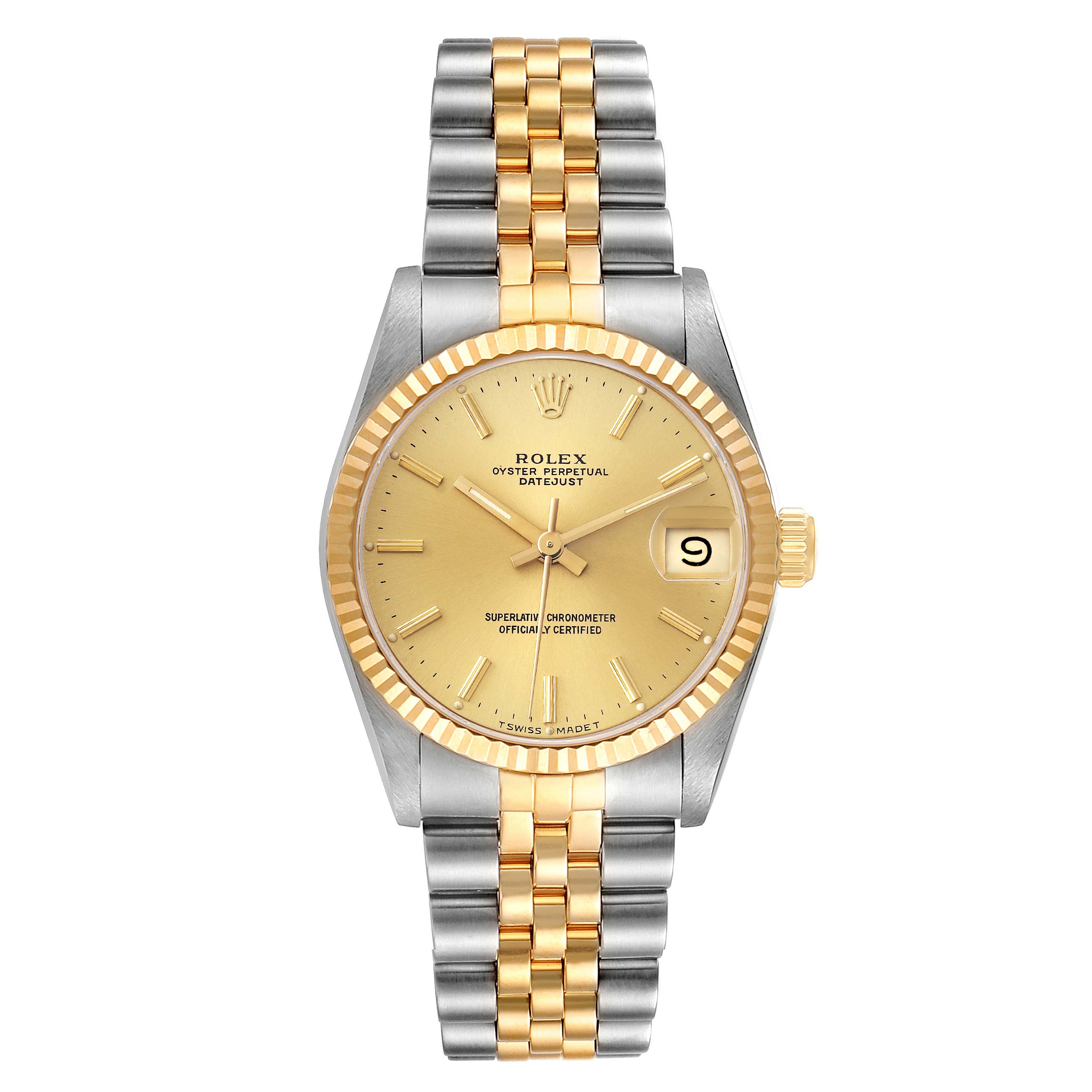 The image shows a front view of the Rolex Oyster Perpetual Datejust Mid-Size watch, featuring a two-tone bracelet and a gold dial with a date display.