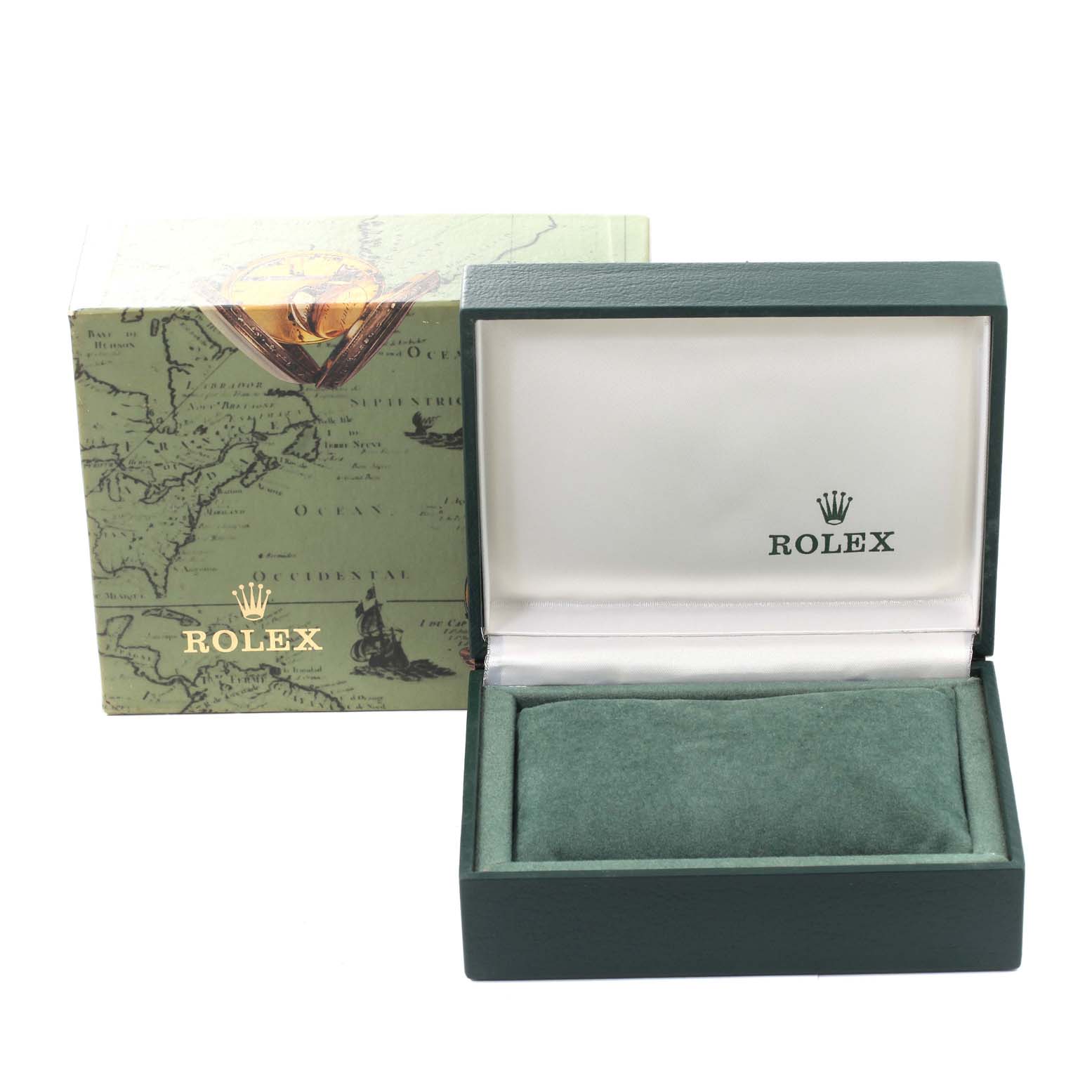 The image shows a Rolex Mid-Size 68273 Women's Steel and Gold (two tone) Champagne Dial 68273 Women's Steel and Gold (two tone) Champagne Dial model watch box, containing an open green interior and a closed exterior with a map design.
