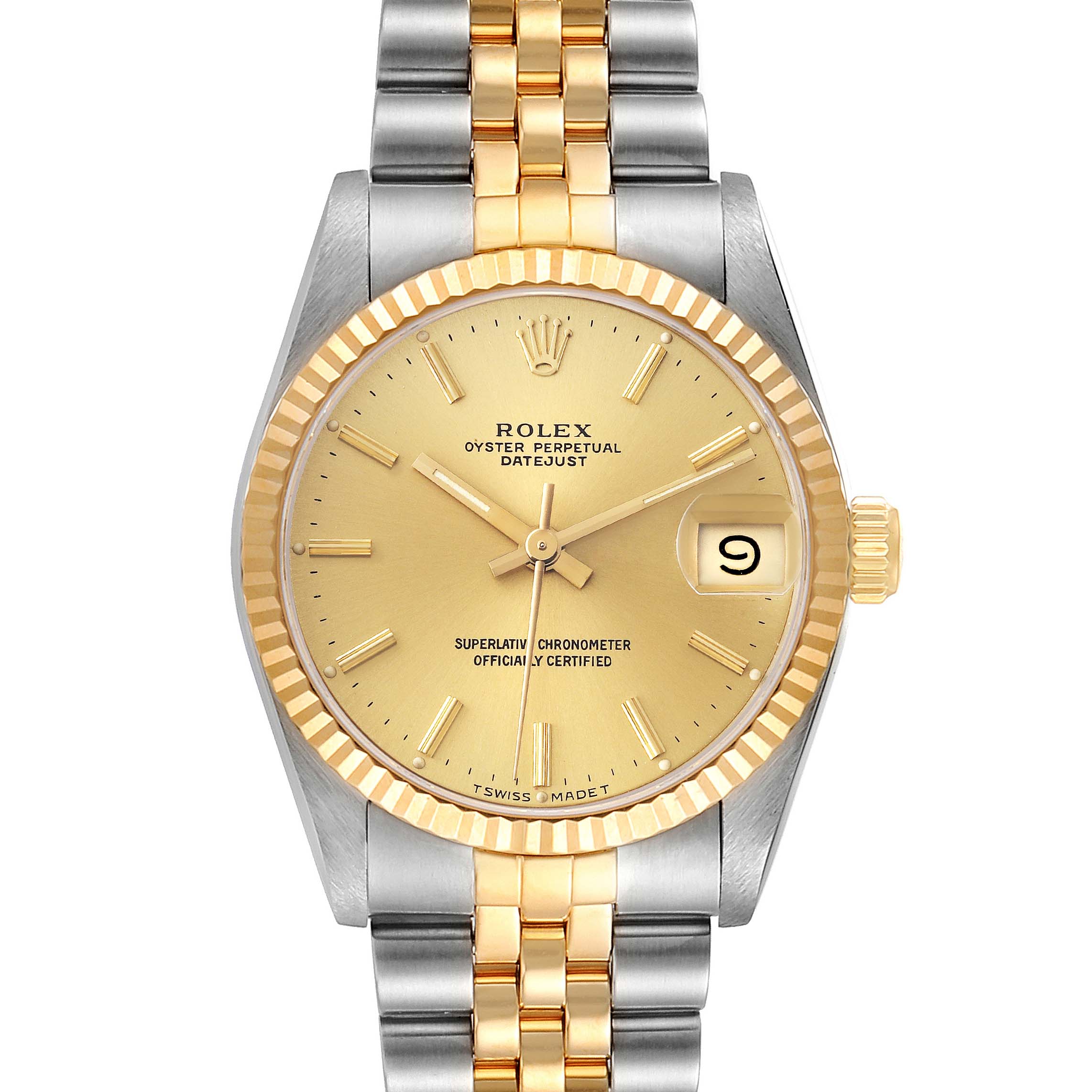 This is a front view of a Rolex Mid-Size 68273 Women's Steel and Gold (two tone) Champagne Dial 68273 Women's Steel and Gold (two tone) Champagne Dial Oyster Perpetual Datejust watch, showcasing its two-tone bracelet, gold dial, and date window.