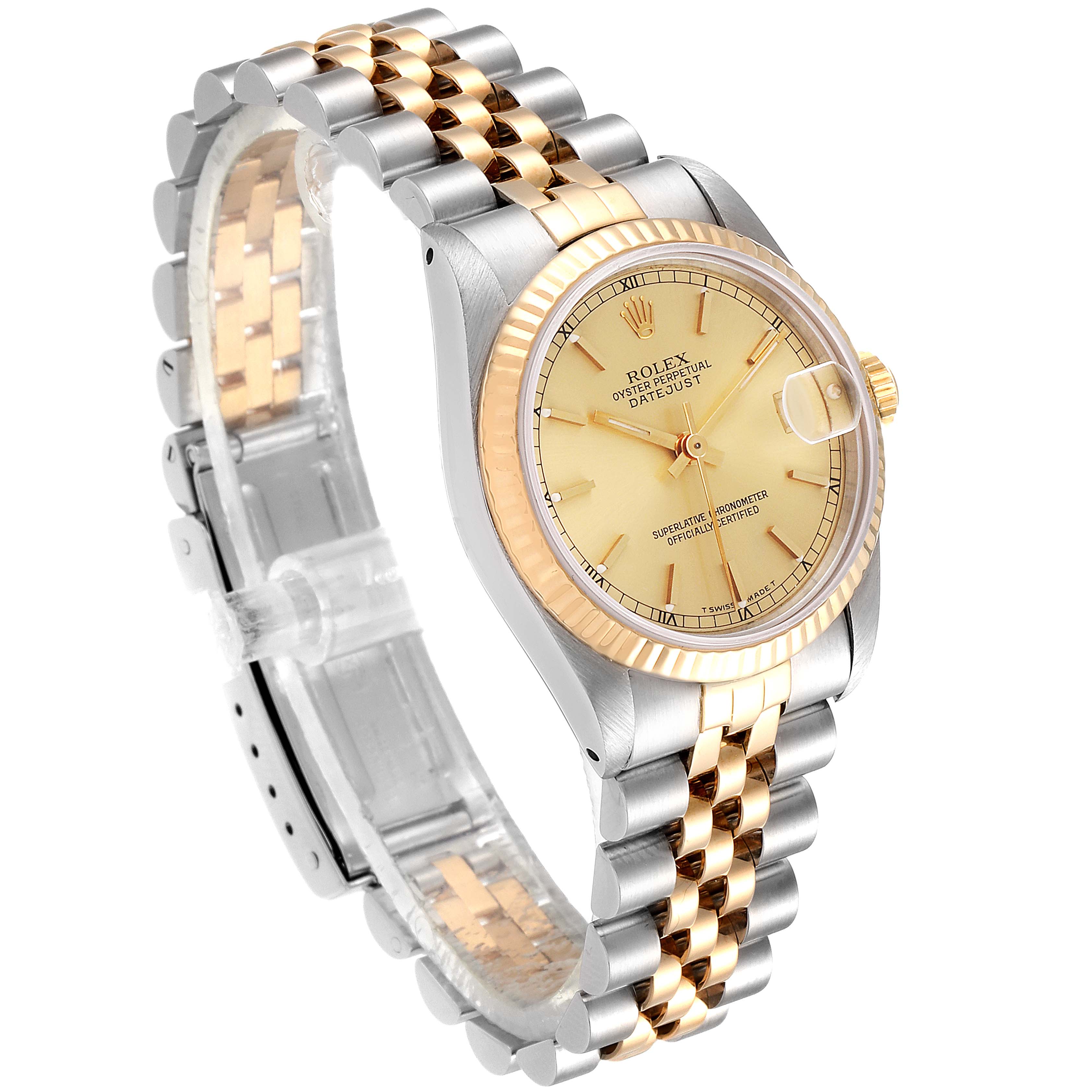 The image shows a three-quarter angle of a Rolex Mid-Size 68273 Women's Steel and Gold (two tone) Champagne Dial 68273 Women's Steel and Gold (two tone) Champagne Dial Datejust watch featuring a gold and stainless steel bracelet and a gold dial.