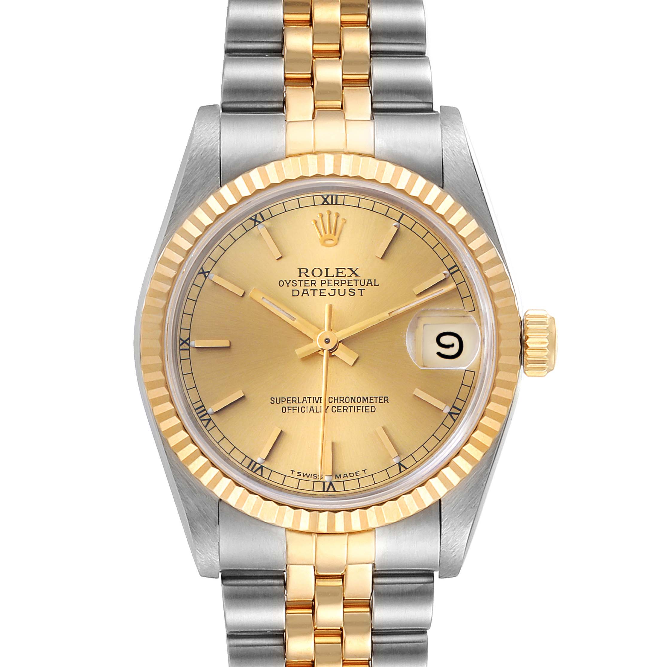 This Rolex Datejust Mid-Size model is shown from the front, displaying the face, hands, bezel, crown, and bracelet.