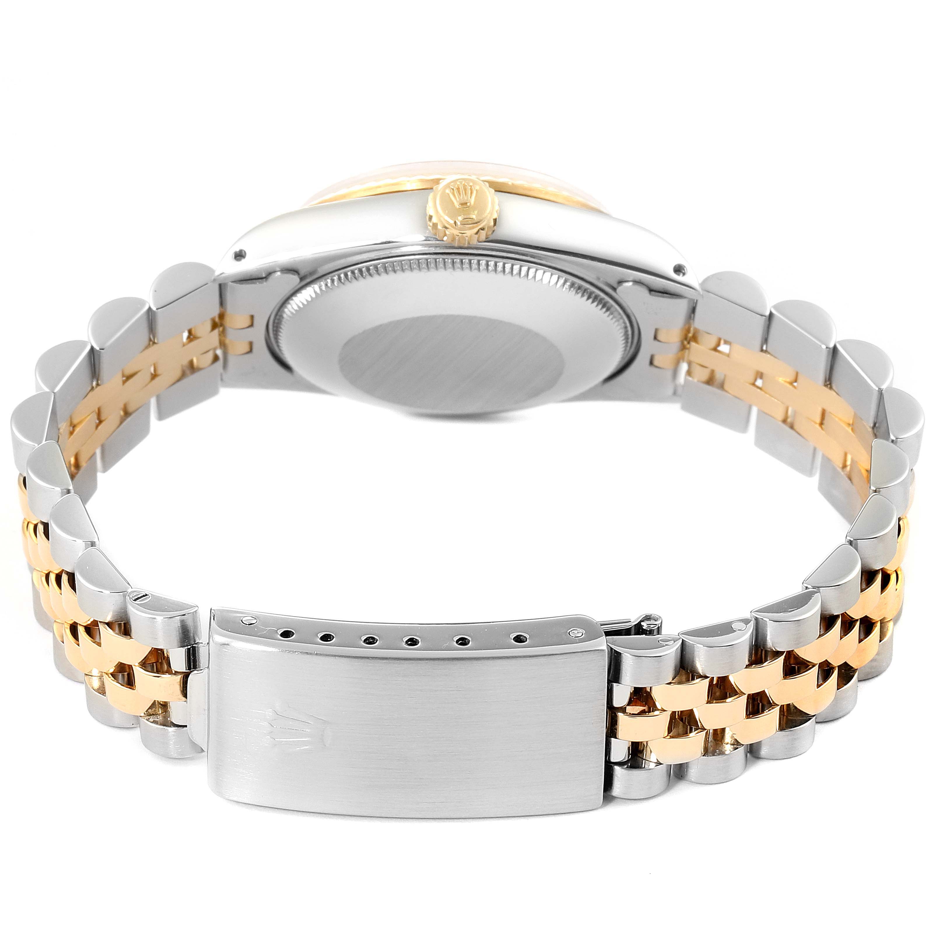 The image shows the back, crown, and bracelet clasp of a Mid-Size Rolex watch, focusing on its two-tone metal band.