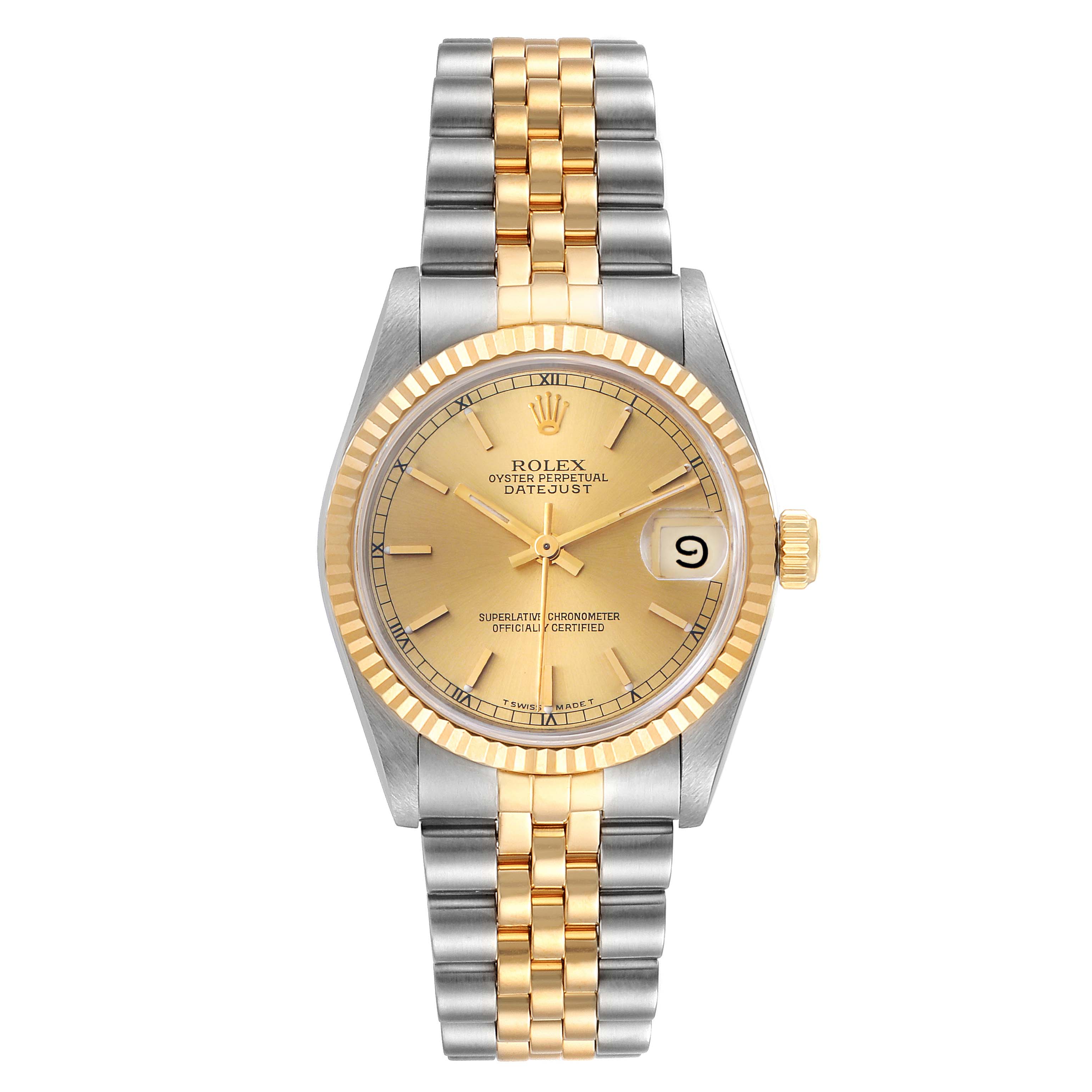 The image shows a front view of a mid-size Rolex Oyster Perpetual Datejust, highlighting its dial, bezel, and bracelet.