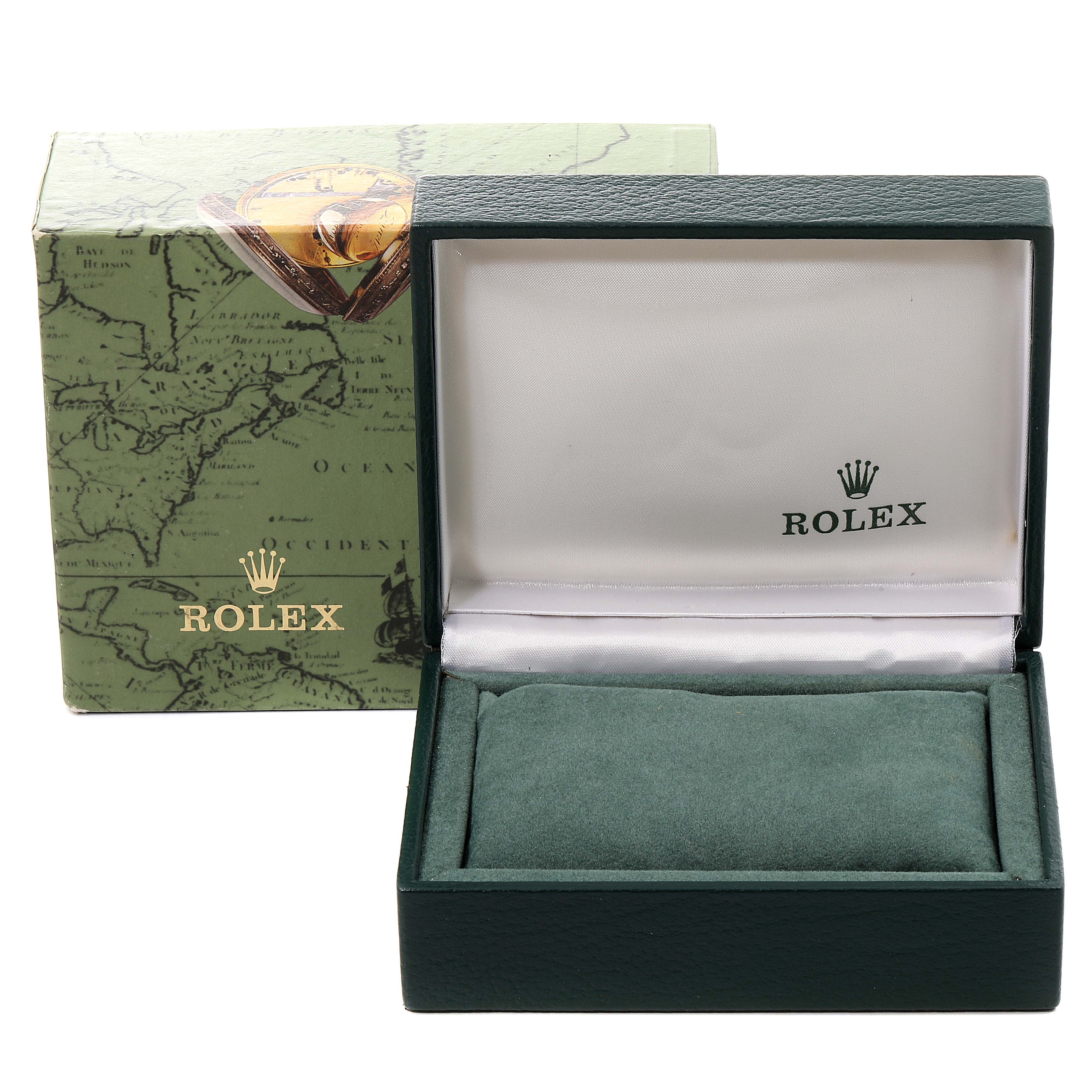 The image shows a Rolex watch box and outer packaging for a Mid-Size model, displayed from a front angle with the lid open.