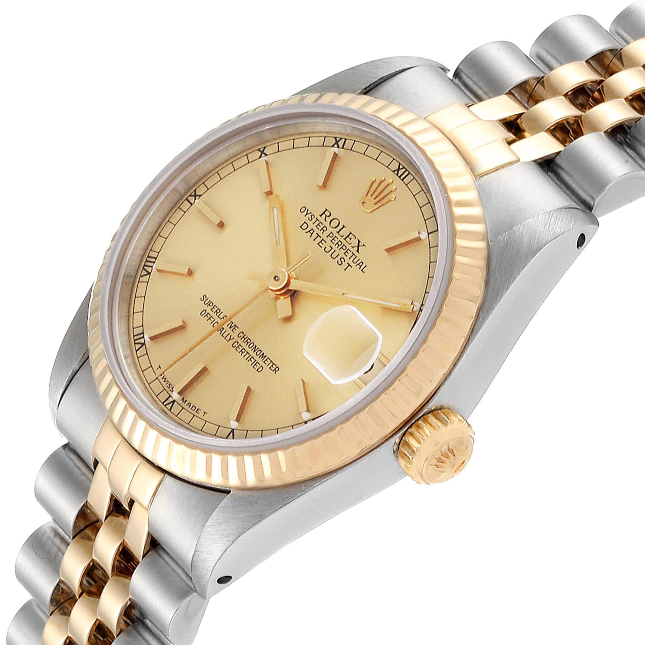 The image shows a Rolex Mid-Size 68273 Women's Steel and Gold (two tone) Champagne Dial 68273 Women's Steel and Gold (two tone) Champagne Dial Datejust watch at an angled view, highlighting the dial, bezel, crown, and bracelet.