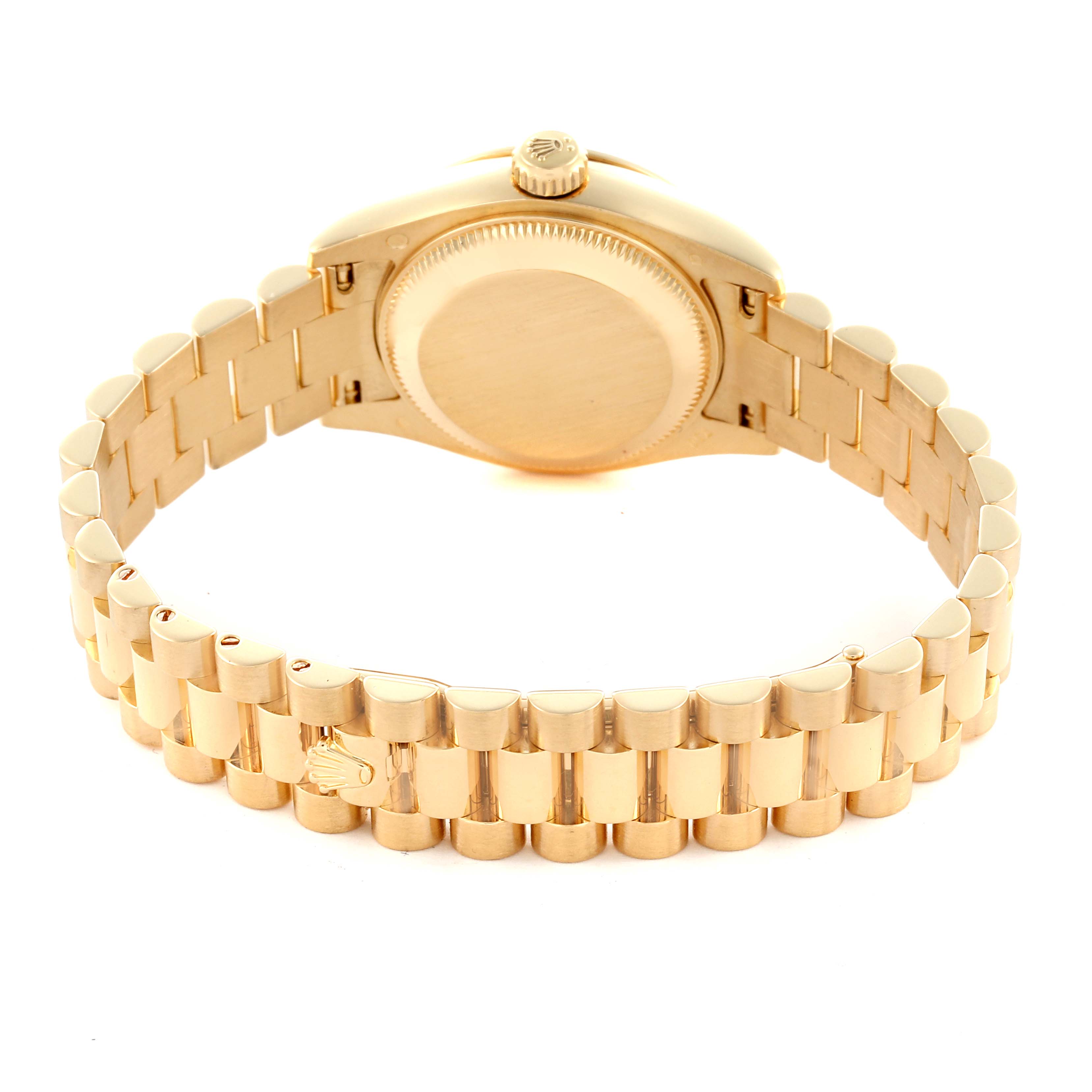 The image shows the back view of a Rolex President 179138 Women's Yellow Gold Champagne Dial 179138 Women's Yellow Gold Champagne Dial watch, featuring its case back and bracelet.