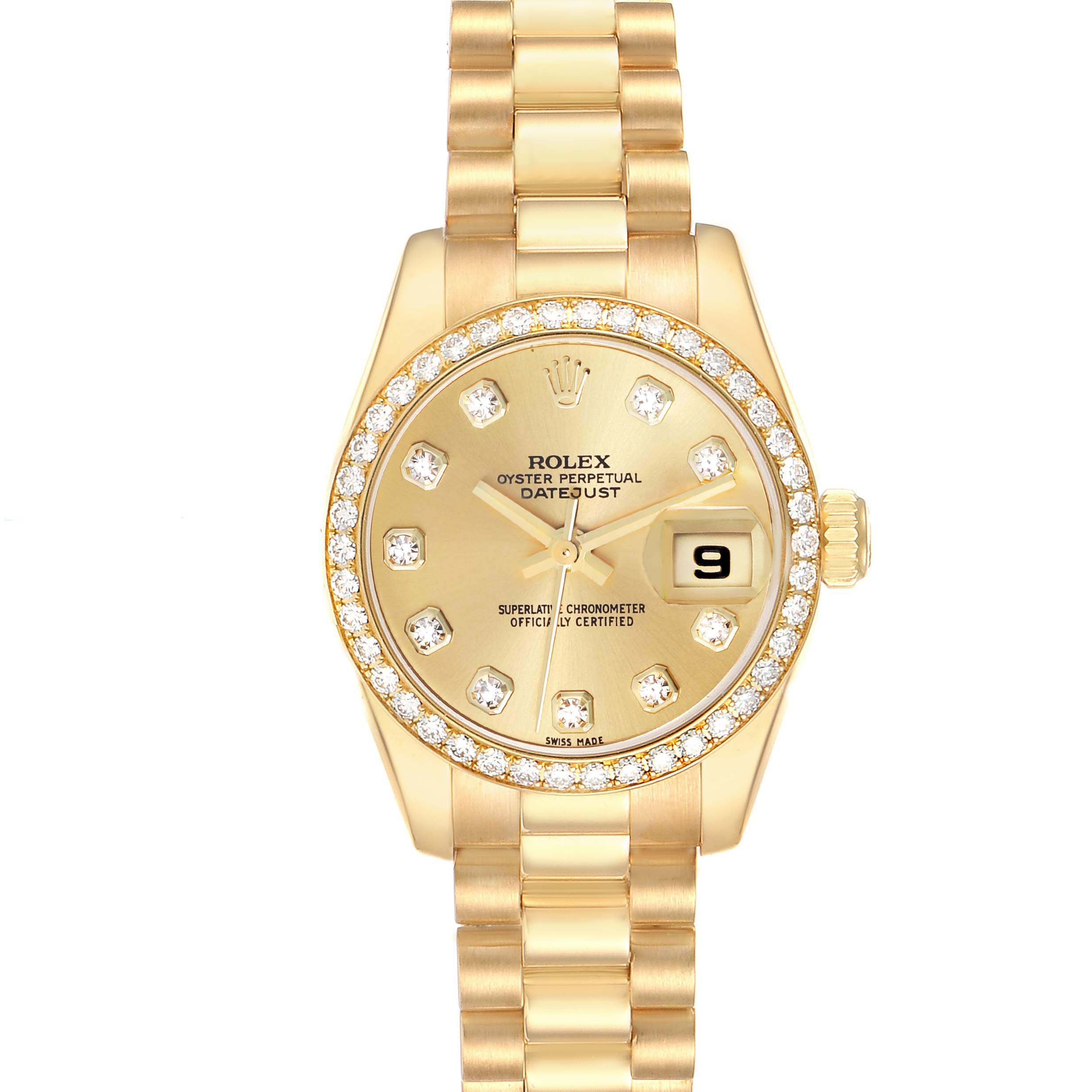 The Rolex President 179138 Women's Yellow Gold Champagne Dial 179138 Women's Yellow Gold Champagne Dial watch is shown from a top-down angle, highlighting the dial, bezel, bracelet, and crown.