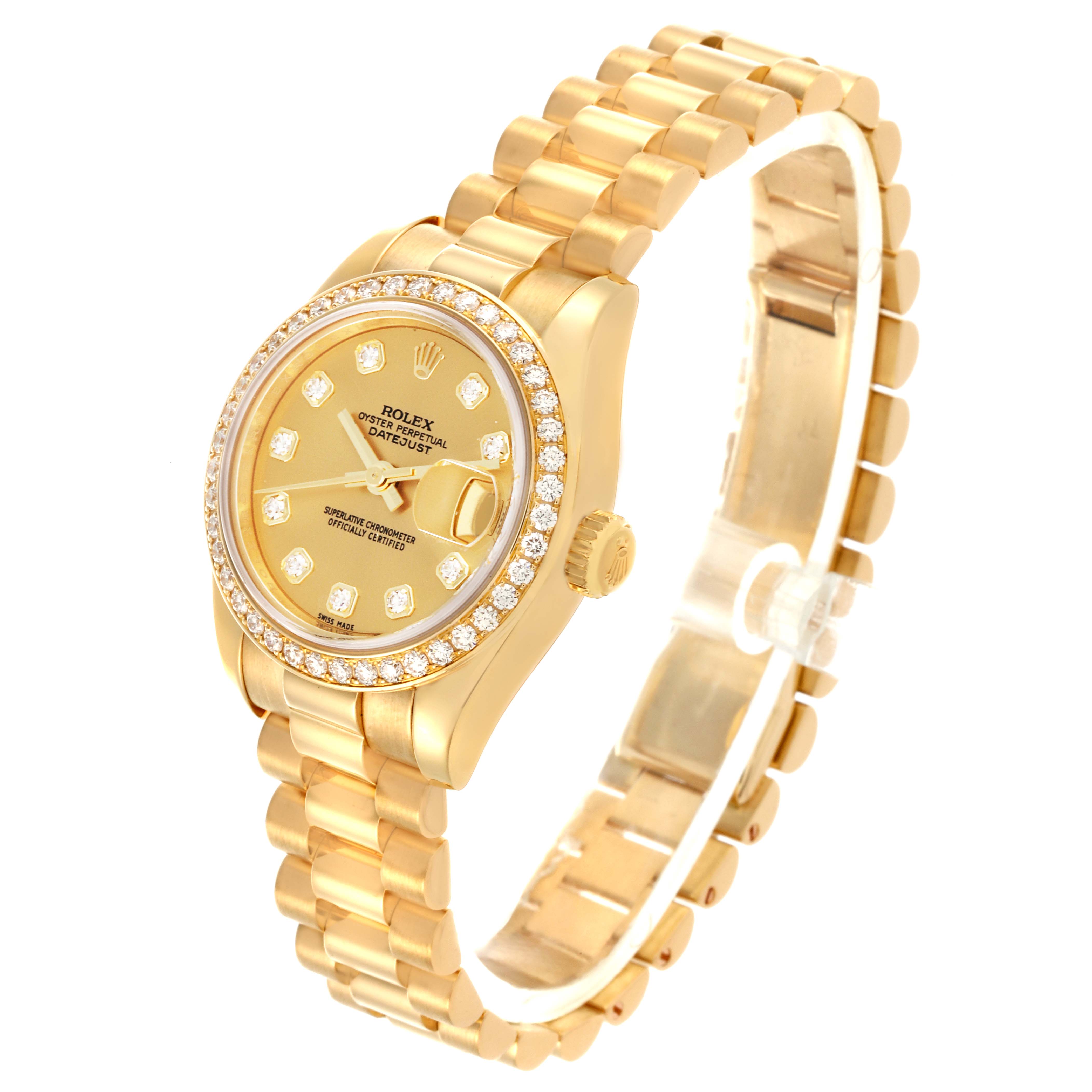 The Rolex President 179138 Women's Yellow Gold Champagne Dial 179138 Women's Yellow Gold Champagne Dial model watch is shown at an angled view, highlighting the diamond bezel, dial, and gold bracelet.