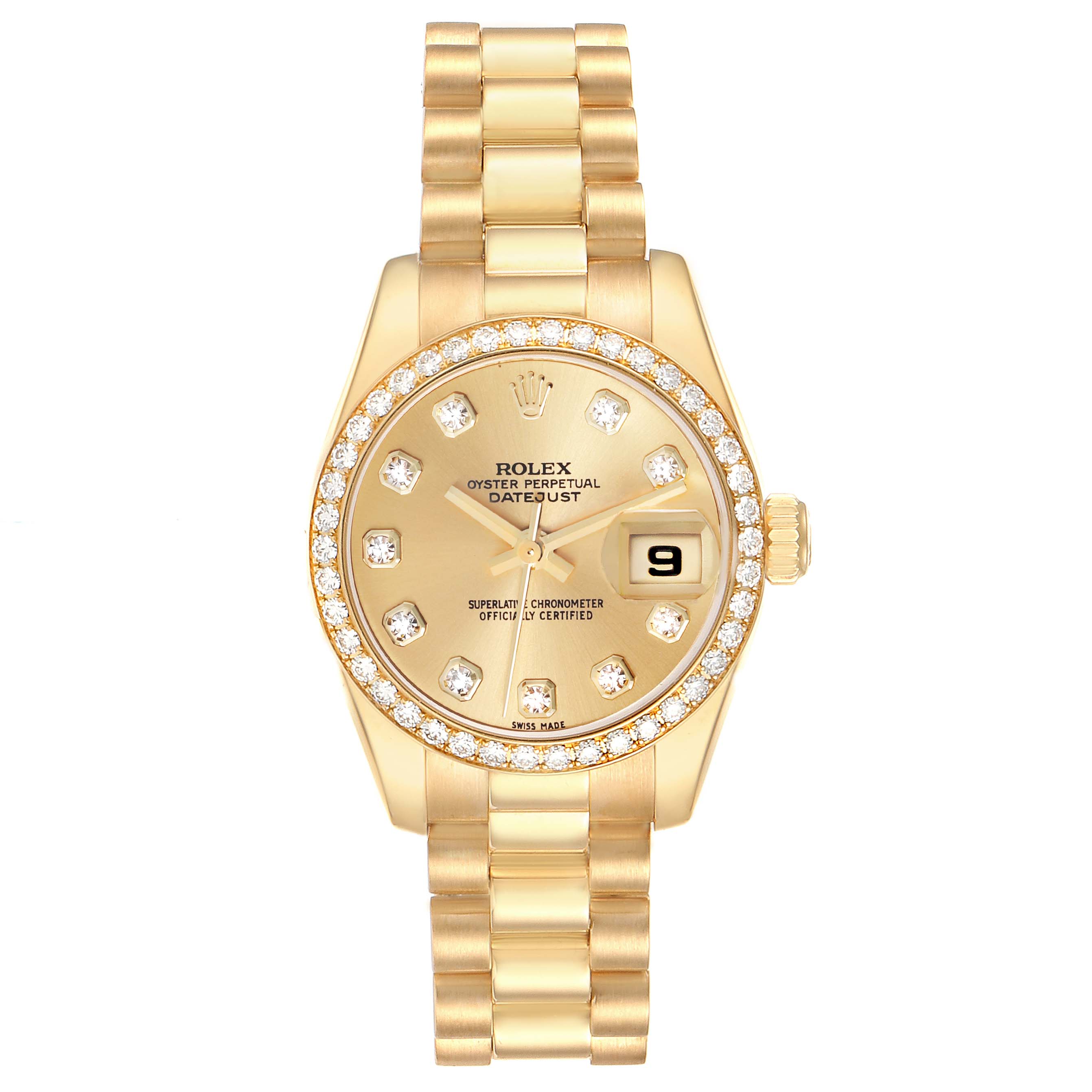 The Rolex President 179138 Women's Yellow Gold Champagne Dial 179138 Women's Yellow Gold Champagne Dial model is shown from the front, displaying the bracelet, bezel, dial, hands, and date window.