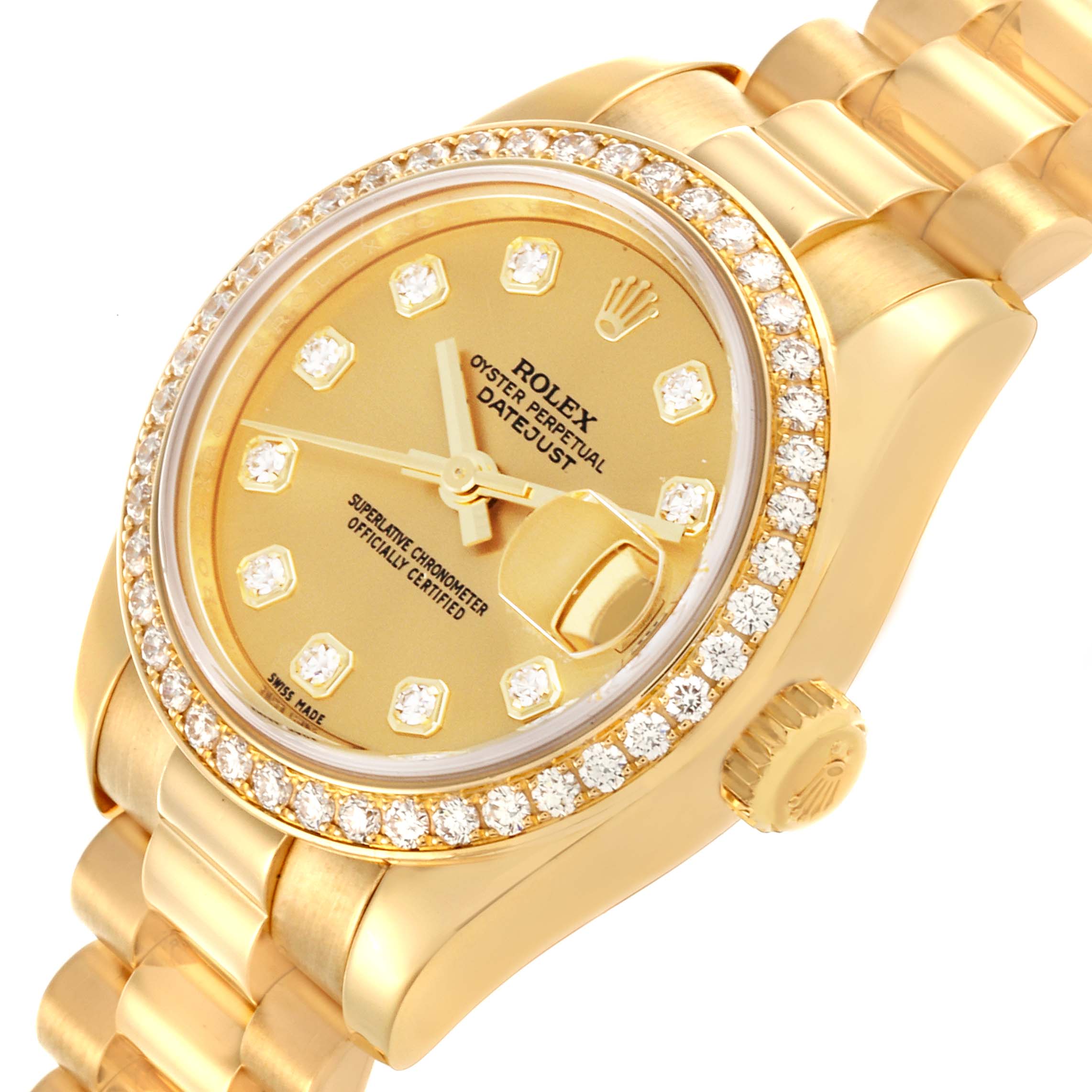 The Rolex President 179138 Women's Yellow Gold Champagne Dial 179138 Women's Yellow Gold Champagne Dial model is shown at an angled close-up, displaying the gold dial, diamond bezel, and bracelet links.