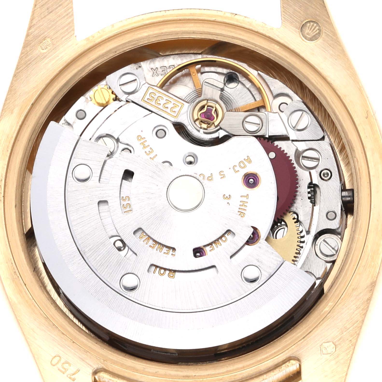 The image shows the internal movement of a Rolex President 179138 Women's Yellow Gold Champagne Dial 179138 Women's Yellow Gold Champagne Dial model watch from a top-down angle.