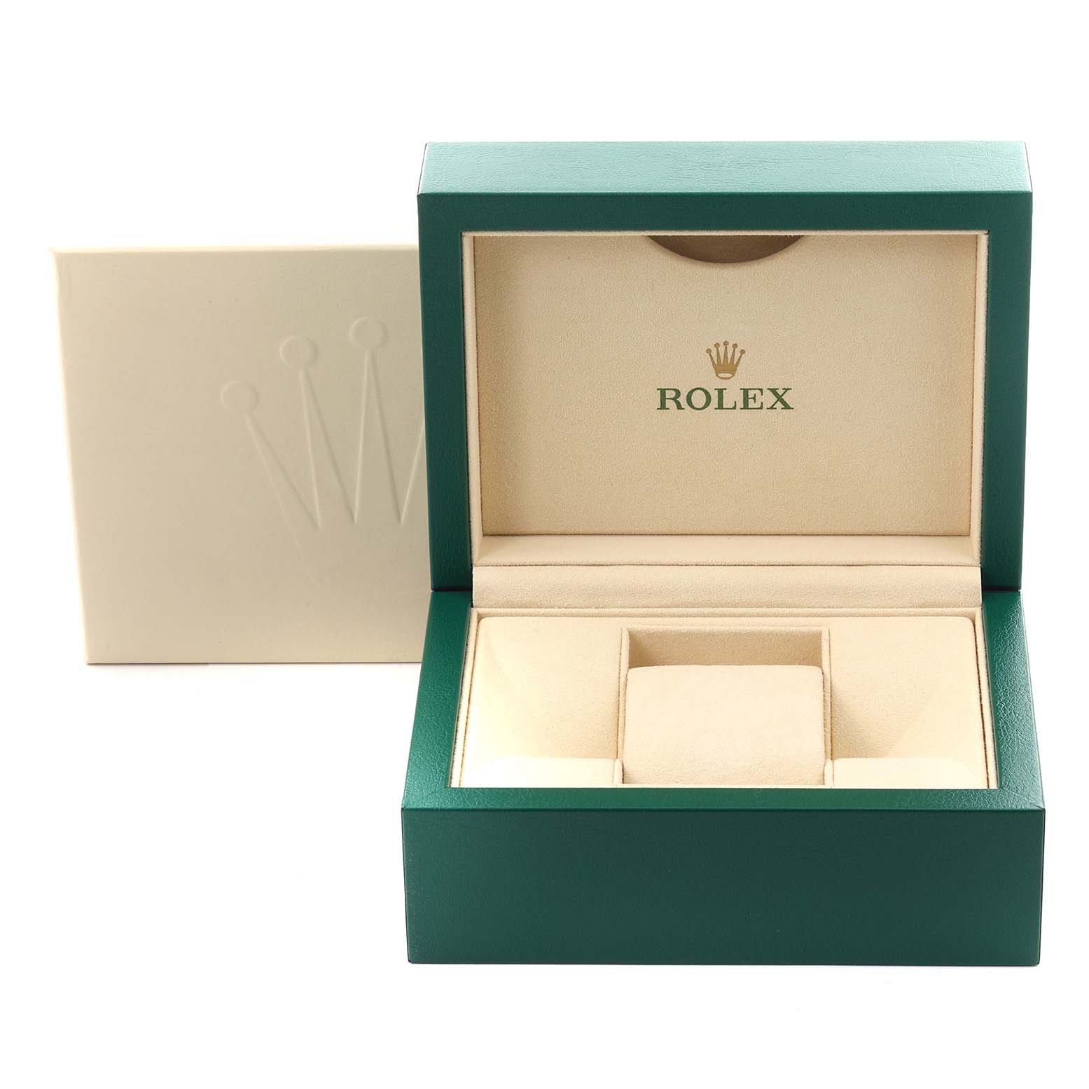 The image shows an open box for a Rolex President 179138 Women's Yellow Gold Champagne Dial 179138 Women's Yellow Gold Champagne Dial model, featuring its signature green and beige interior.