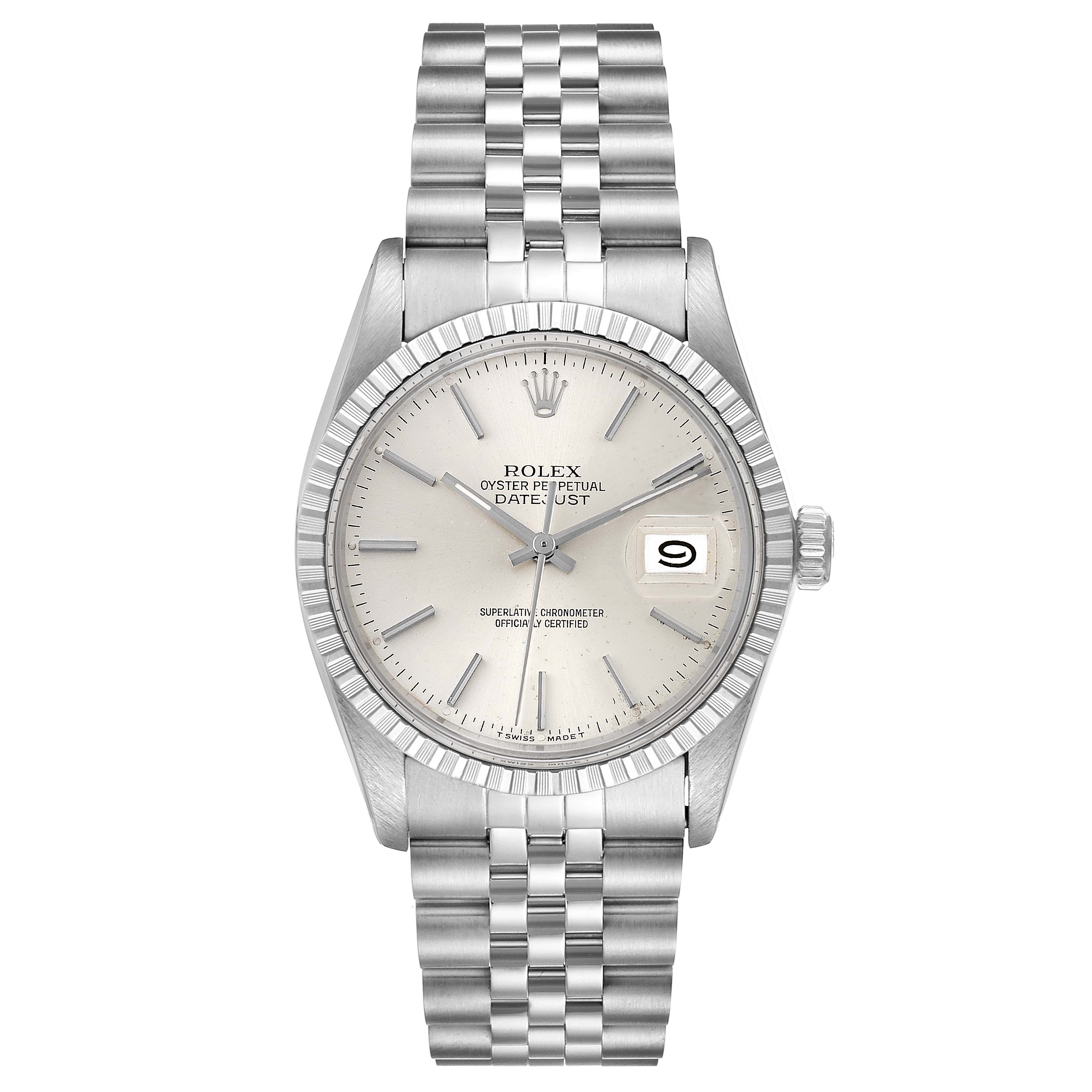 The image shows a Rolex Vintage Collection 16030 Men's Stainless Steel Silver Dial 16030 Men's Stainless Steel Silver Dial model watch from a front angle, displaying the dial, bezel, and bracelet.