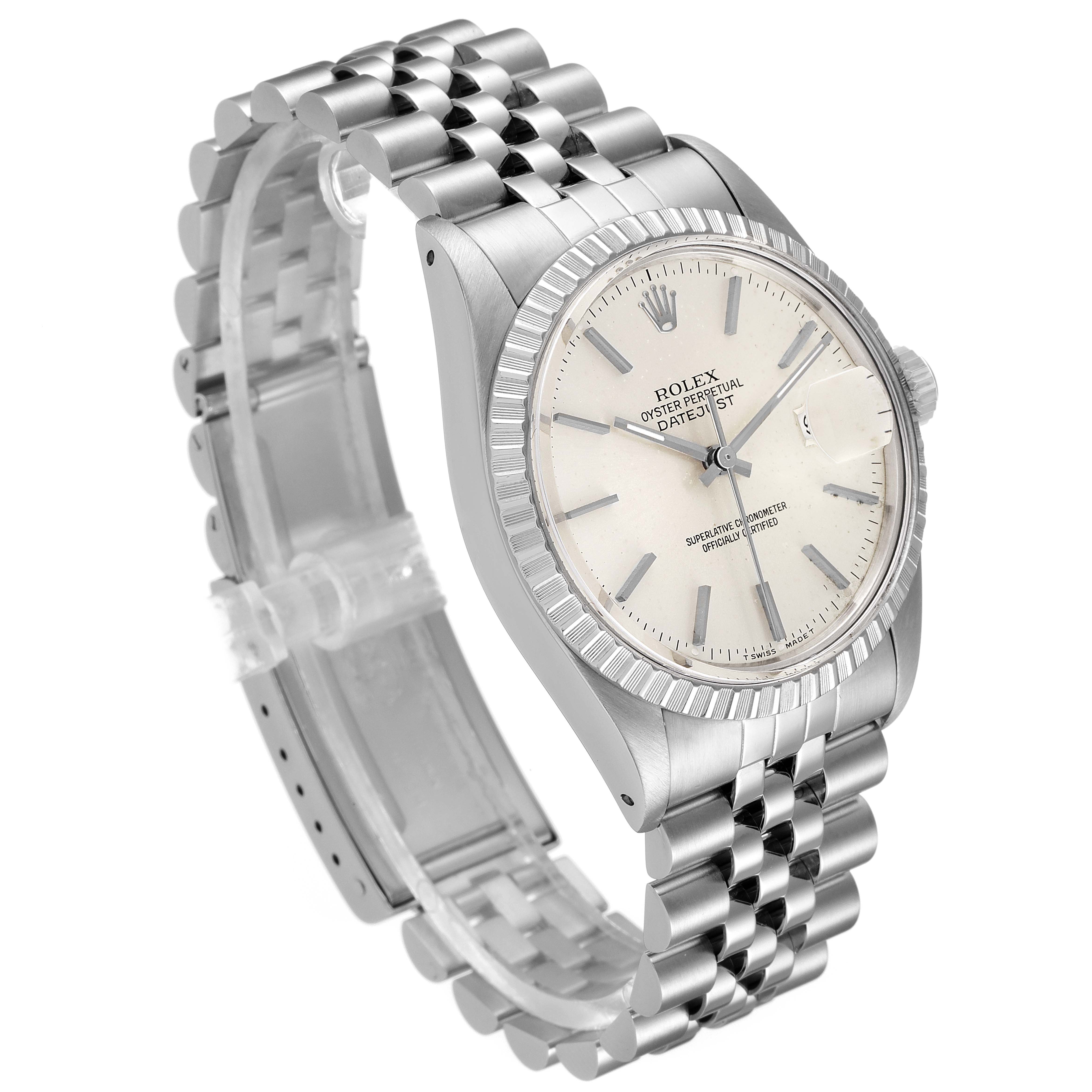 The image shows a Rolex Vintage Collection 16030 Men's Stainless Steel Silver Dial 16030 Men's Stainless Steel Silver Dial watch at a slightly tilted angle, displaying its face, fluted bezel, and Jubilee bracelet.