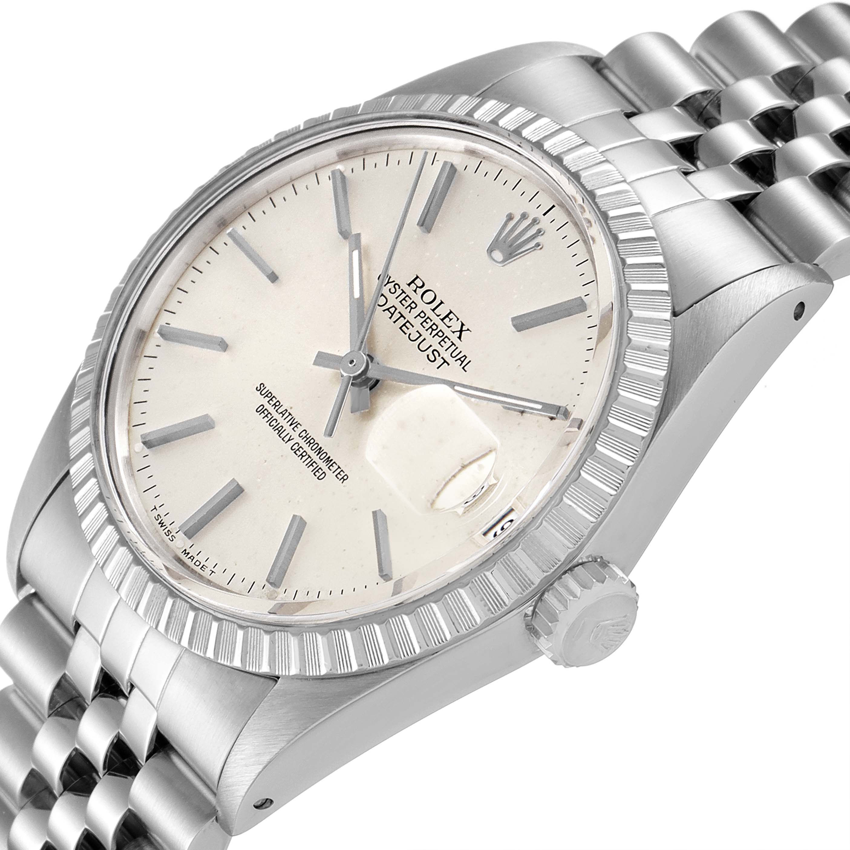 The image shows a close-up, angled view of the Rolex Vintage Collection 16030 Men's Stainless Steel Silver Dial 16030 Men's Stainless Steel Silver Dial Datejust, displaying the dial, hands, bezel, and part of the bracelet.
